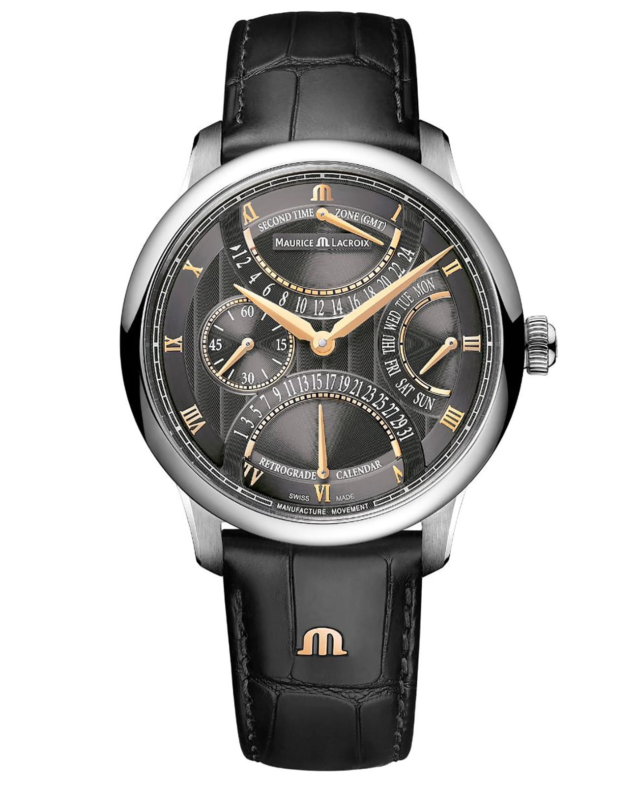 Maurice Lacroix Maurice Lacroix Masterpiece Triple Retrograde MP6538-SS001-310-1  MP6538-SS001-310-1 механические мужские часы черный циферблат, браслет кожаный — вид спереди