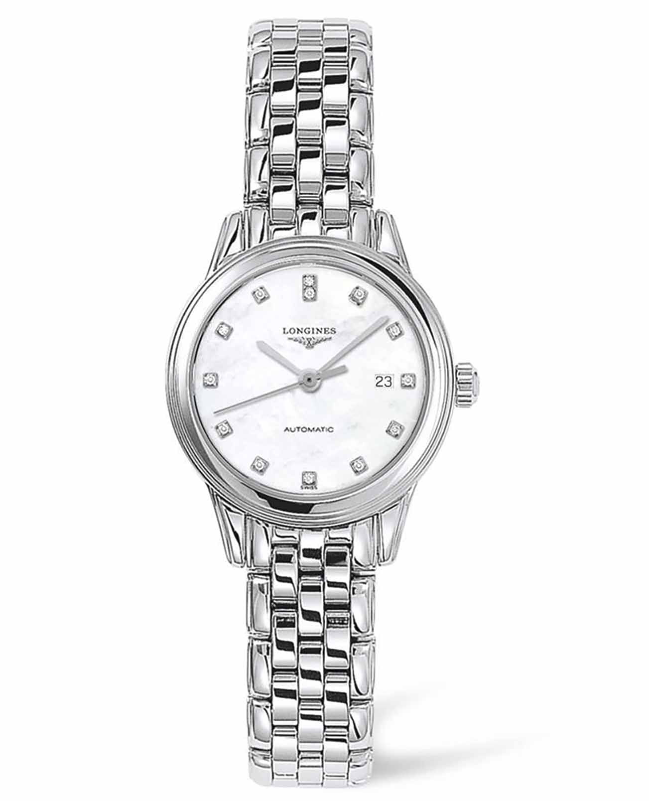 Longines Longines Flagship L4.374.4.87.6  L43744876 механические женские часы перламутровый циферблат, браслет нержавеющая сталь — вид спереди