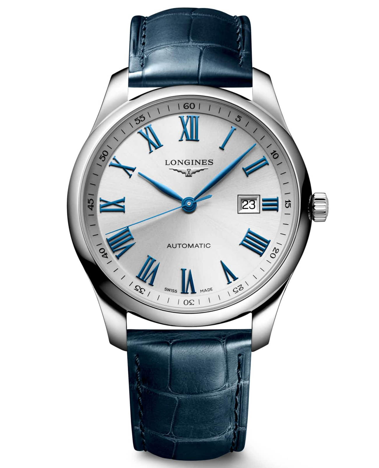 Longines Longines Master Collection L2.893.4.79.2  L28934792 механические мужские часы серебристый циферблат, браслет кожаный — вид спереди