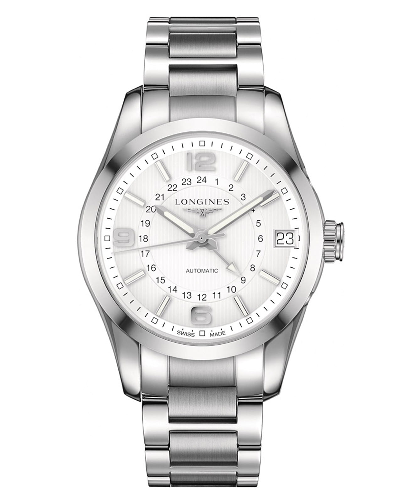 Longines Longines Conquest Collection L2.799.4.76.6  L27994766 механические мужские часы белый циферблат, браслет нержавеющая сталь — вид спереди
