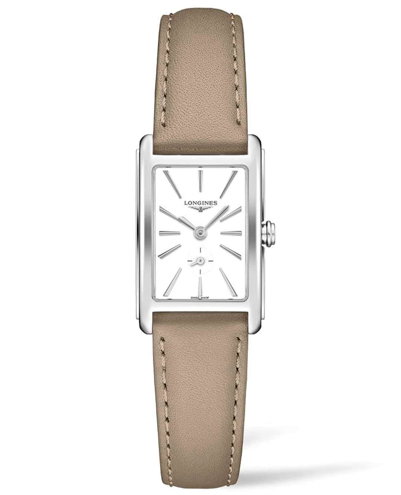 Longines Longines DolceVita L5.255.4.11.7  L52554117 кварцевые женские часы белый циферблат, браслет кожаный — вид спереди