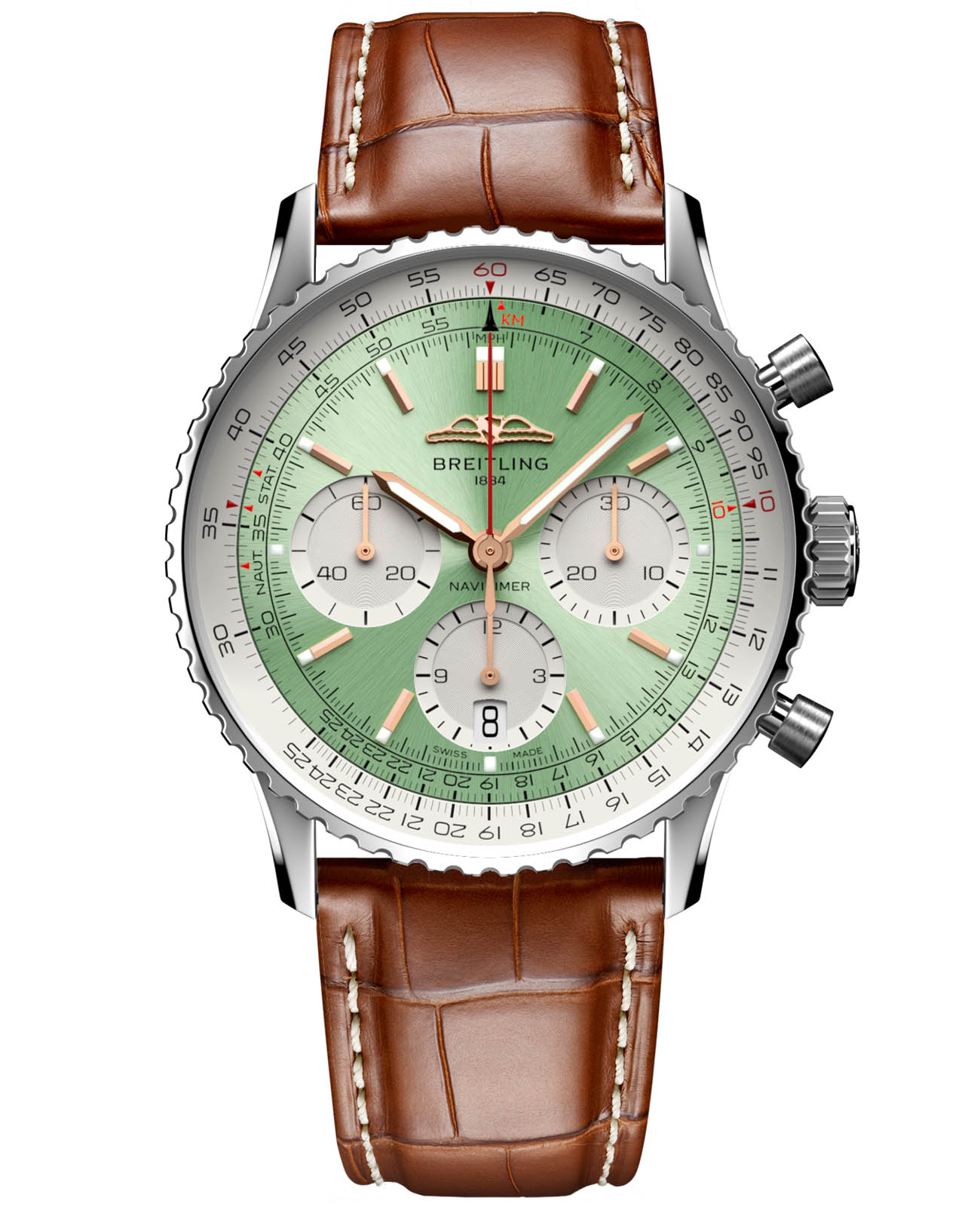 Breitling Breitling Navitimer B01 Chronograph 41 AB0139211L1P1  AB0139211L1P1 механические мужские часы зеленый циферблат, браслет кожаный — вид спереди