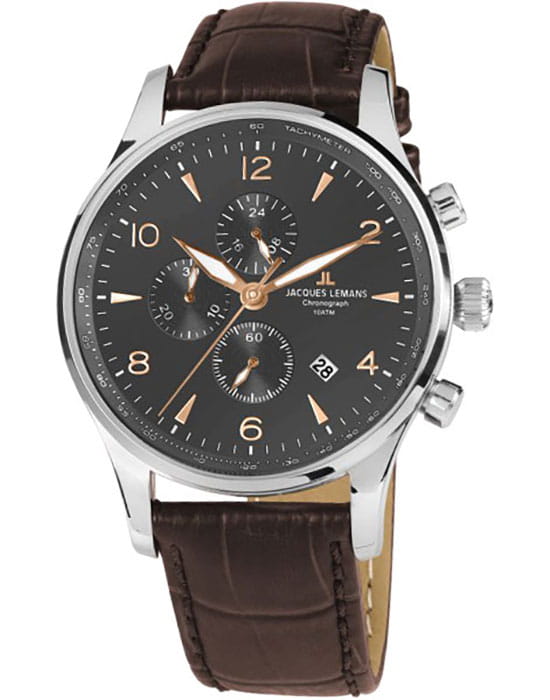 Jacques Lemans Jacques Lemans 1-1844ZK  1-1844ZK кварцевые мужские часы серый циферблат, браслет кожаный — вид спереди