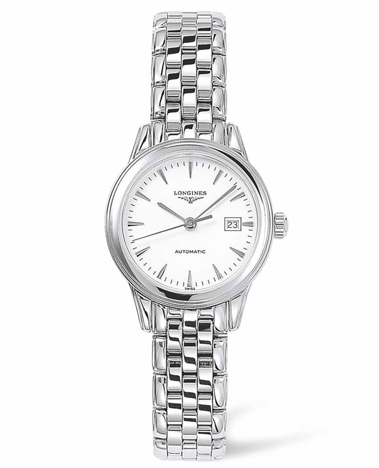 Longines Longines Flagship L4.374.4.12.6  L43744126 механические женские часы белый циферблат, браслет нержавеющая сталь — вид спереди