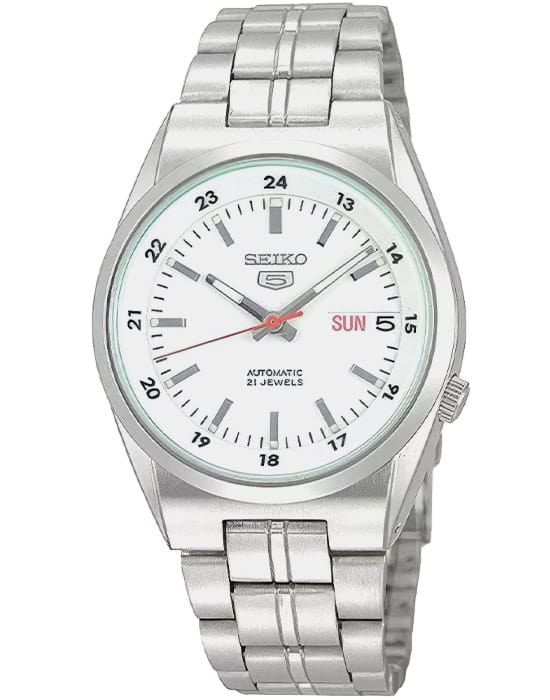 Seiko Seiko Seiko 5 SNK559J1  SNK559J1 механические мужские часы белый циферблат, браслет нержавеющая сталь — вид спереди