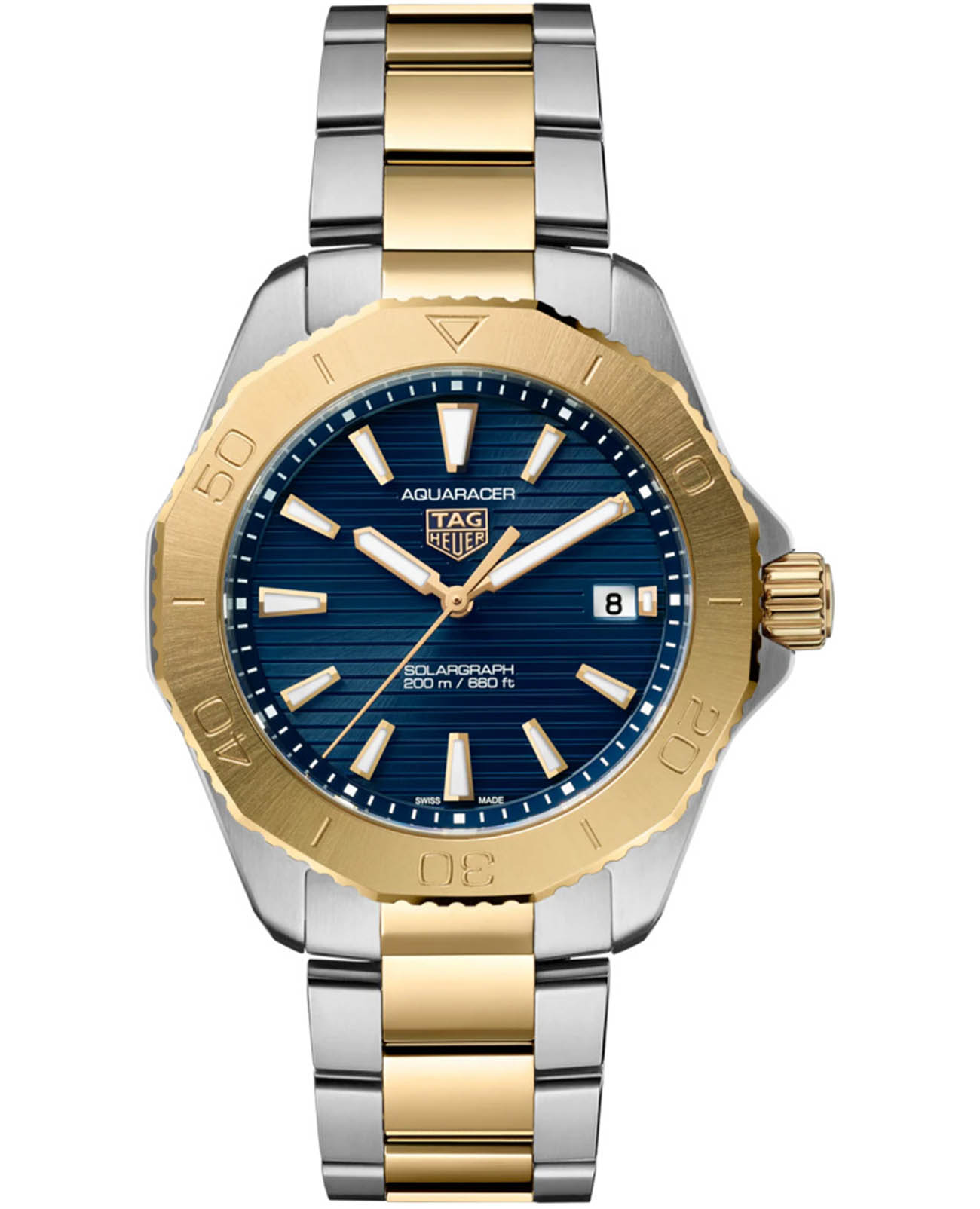 TAG Heuer TAG Heuer Aquaracer Professional 200 Solargraph WBP1120.BB0002  WBP1120.BB0002 кварцевые мужские часы синий циферблат, браслет нержавеющая сталь и 18 каратное розовое золото — вид спереди