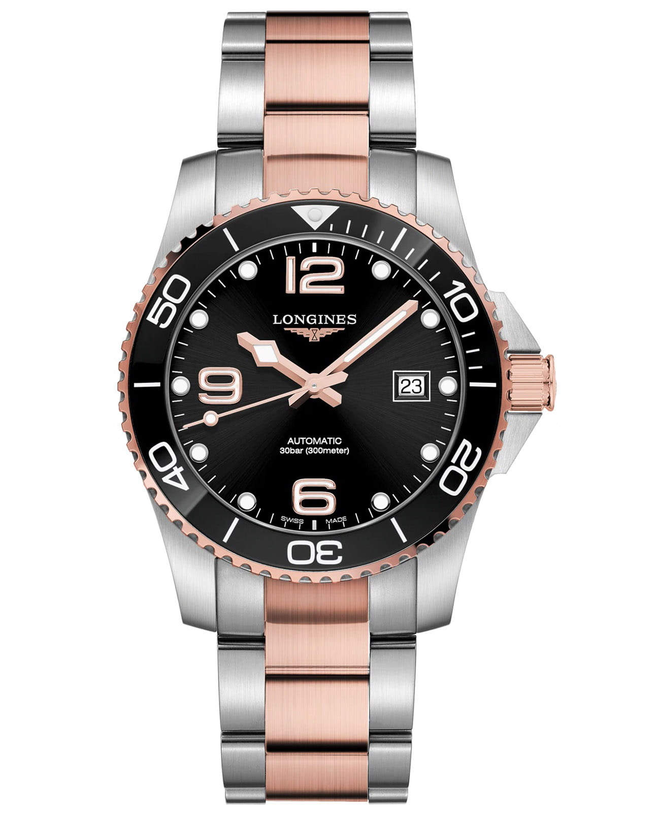 Longines Longines HydroConquest L3.781.3.58.7  L37813587 механические мужские часы черный циферблат, браслет сталь c pvd покрытием — вид спереди