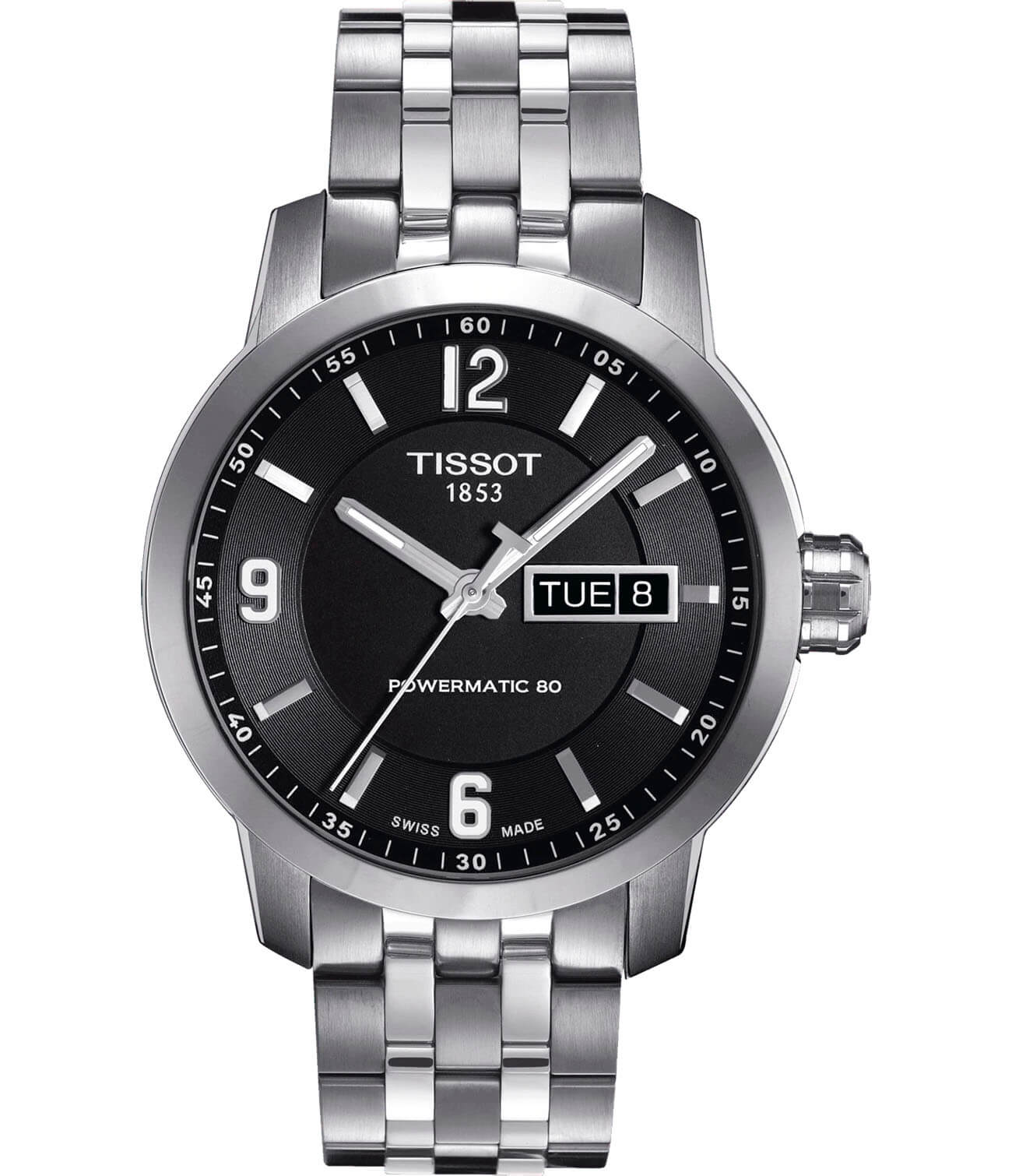 Tissot Tissot PRC 200 Powermatic 80 T055.430.11.057.00  T0554301105700 механические мужские часы черный циферблат, браслет нержавеющая сталь — вид спереди