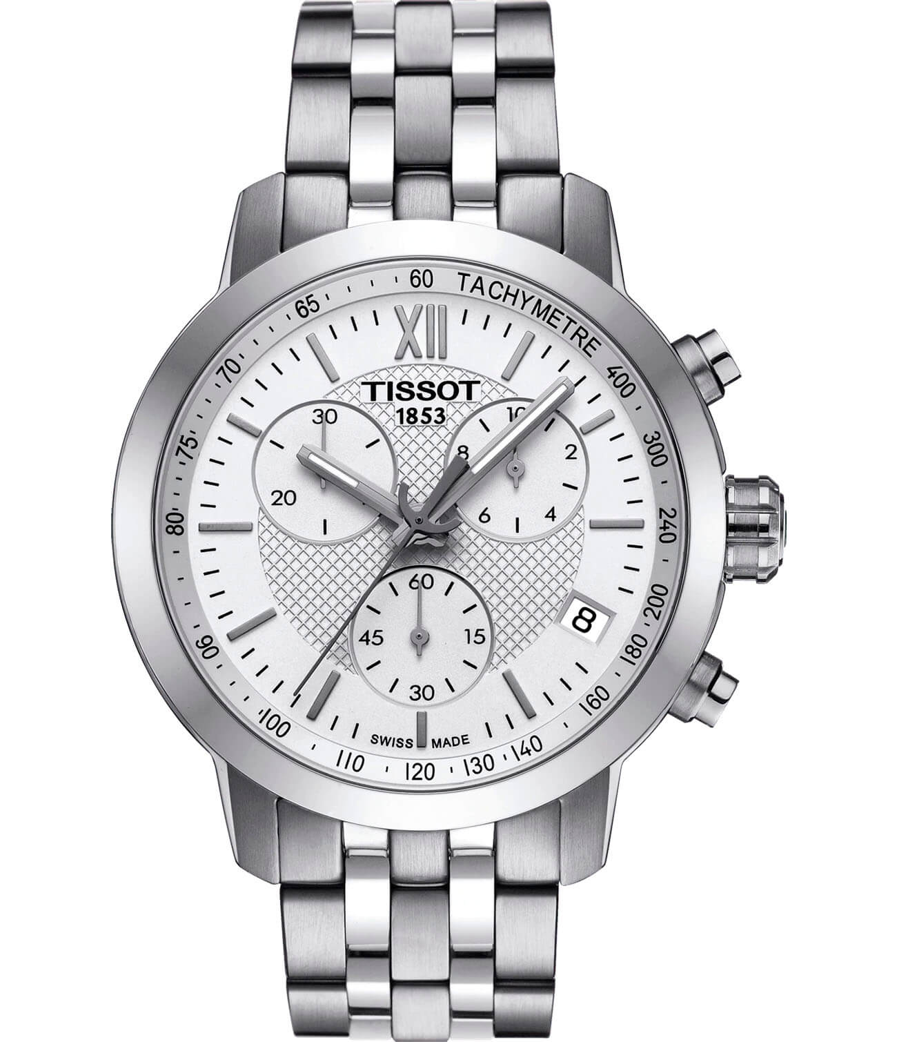 Tissot Tissot PRC 200 Fencing Chronograph T055.417.11.018.00 PRC 200 T0554171101800 кварцевые мужские часы белый циферблат, браслет нержавеющая сталь — вид спереди
