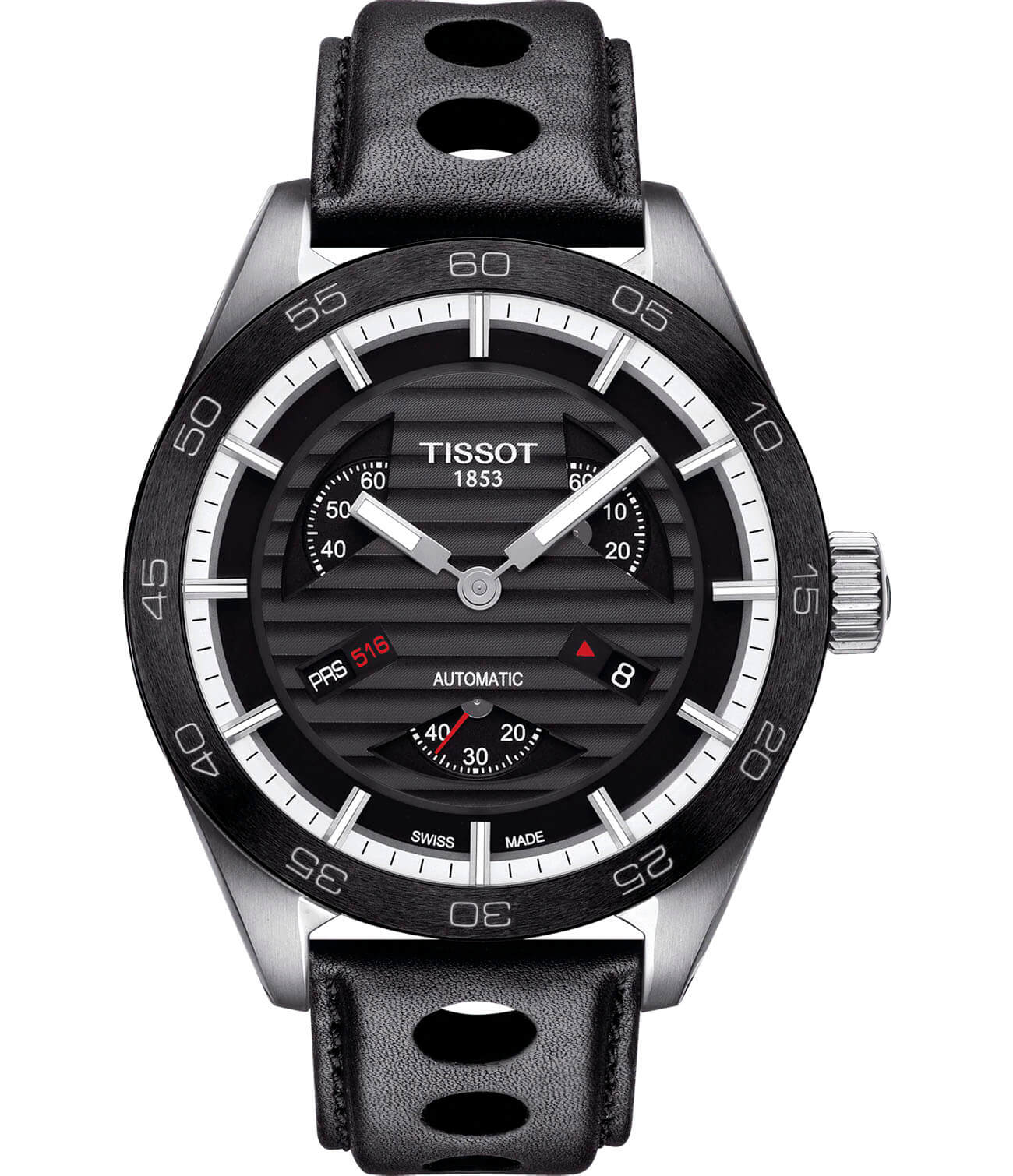 Tissot Tissot PRS 516 Automatic Small Second T100.428.16.051.00 PRS 516 T1004281605100 механические мужские часы черный циферблат, браслет кожаный — вид спереди