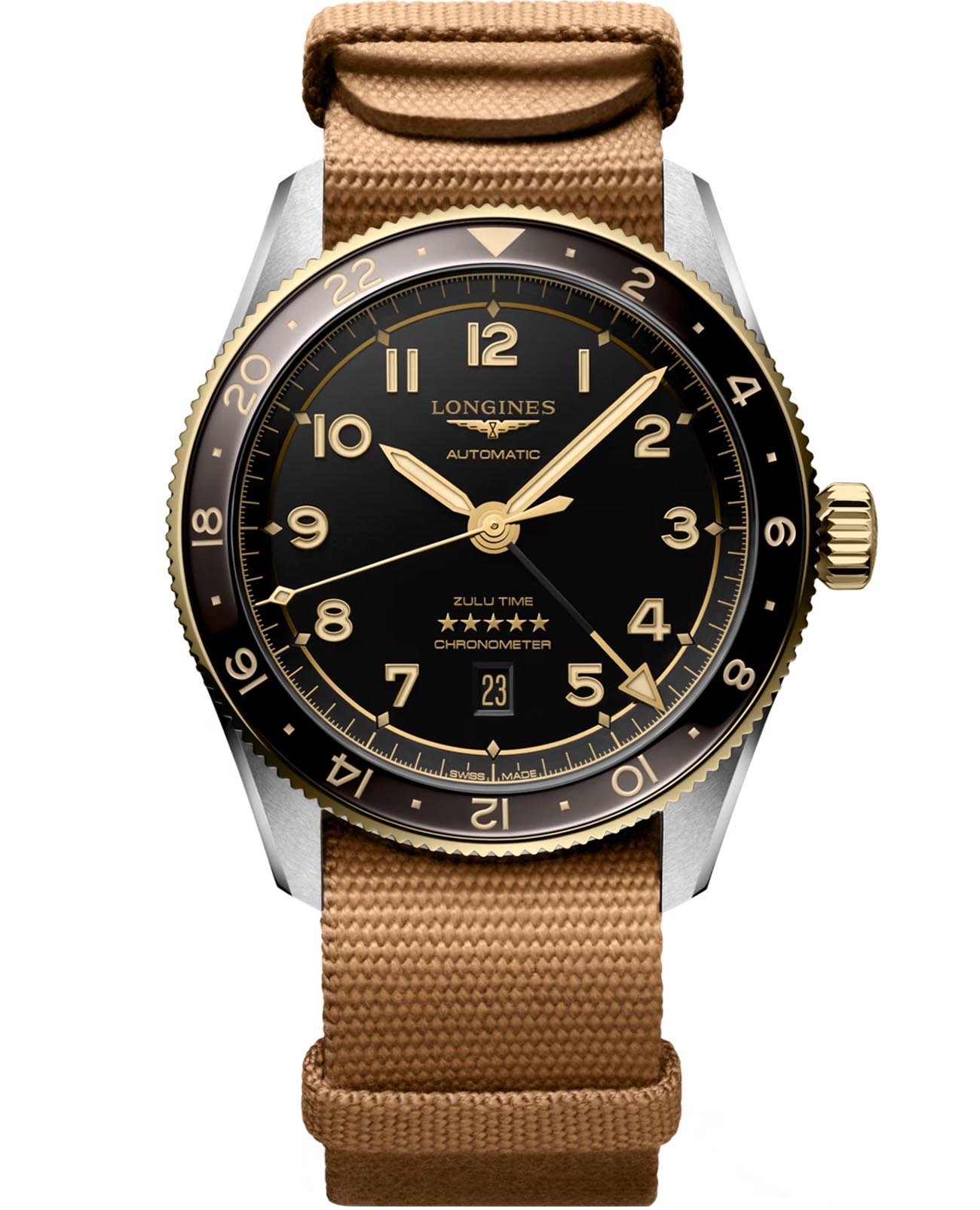 Longines Longines Spirit L3.812.5.53.9  L38125539 механические мужские часы черный циферблат, браслет тканевый — вид спереди