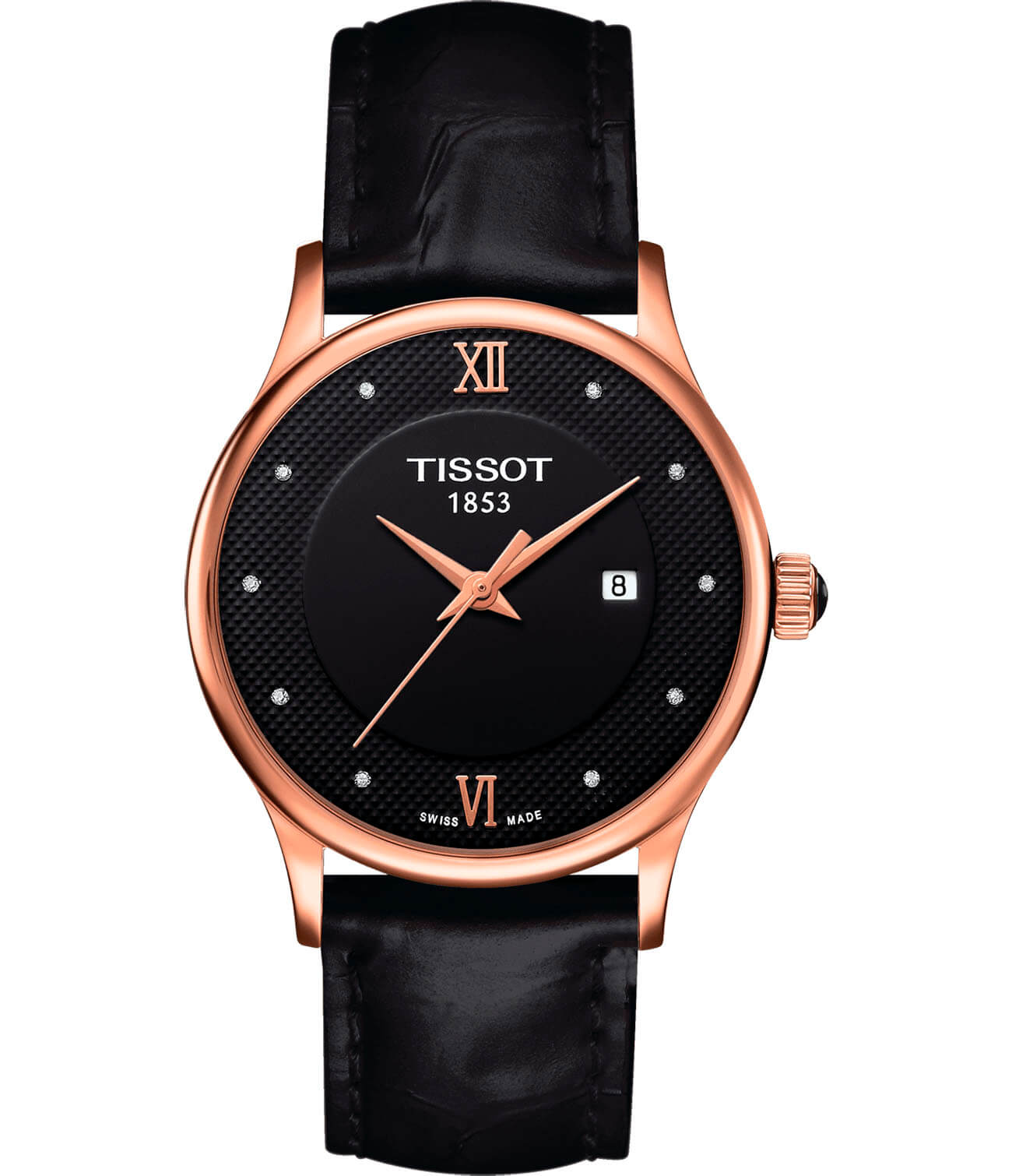 Tissot Tissot Rose Dream Lady 18K Gold T914.210.76.056.00  T9142107605600 кварцевые женские часы черный циферблат, браслет кожаный — вид спереди