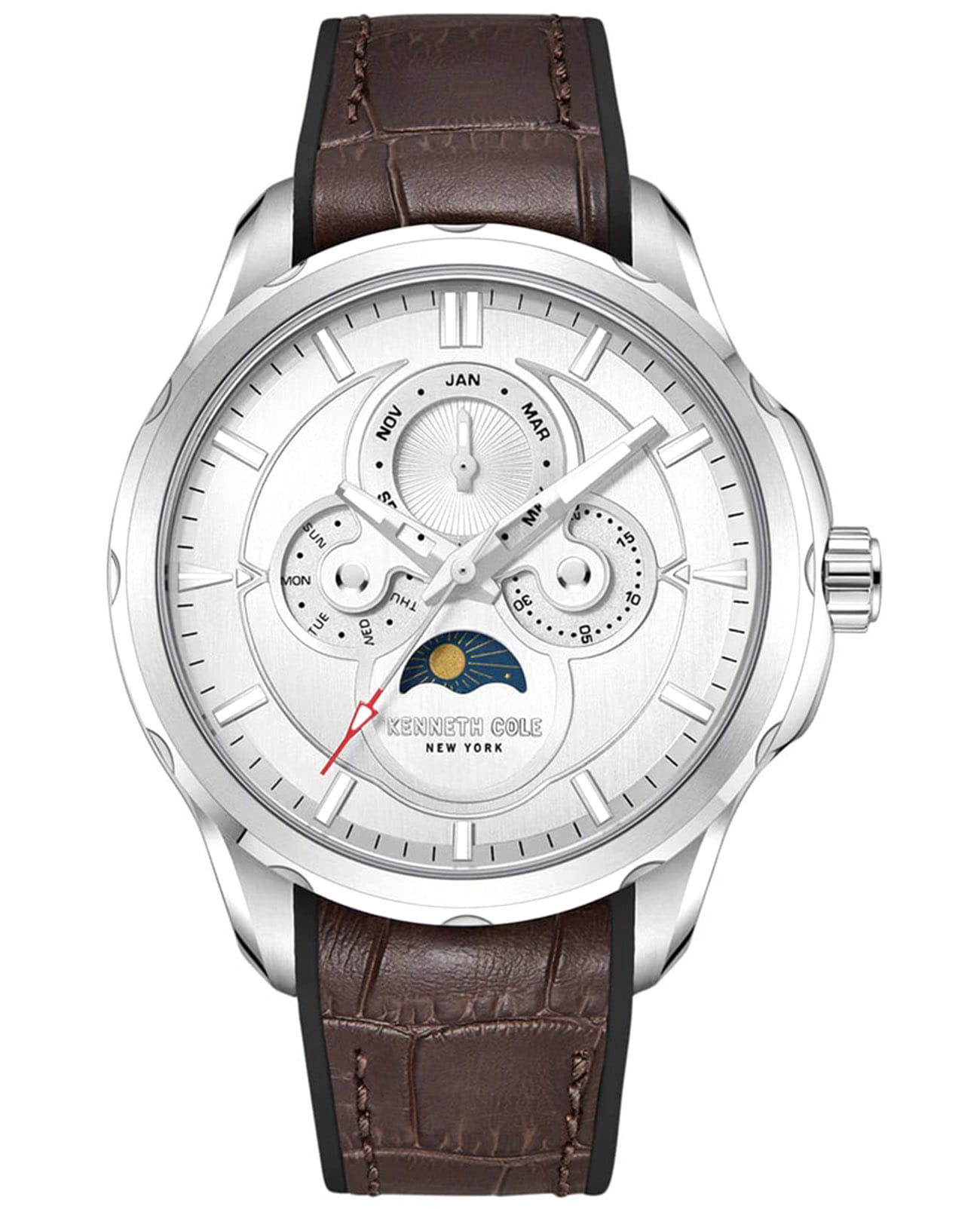 Kenneth Cole Kenneth Cole New York KCWGQ0015805  KCWGQ0015805 кварцевые мужские часы серебристый циферблат, браслет кожаный — вид спереди