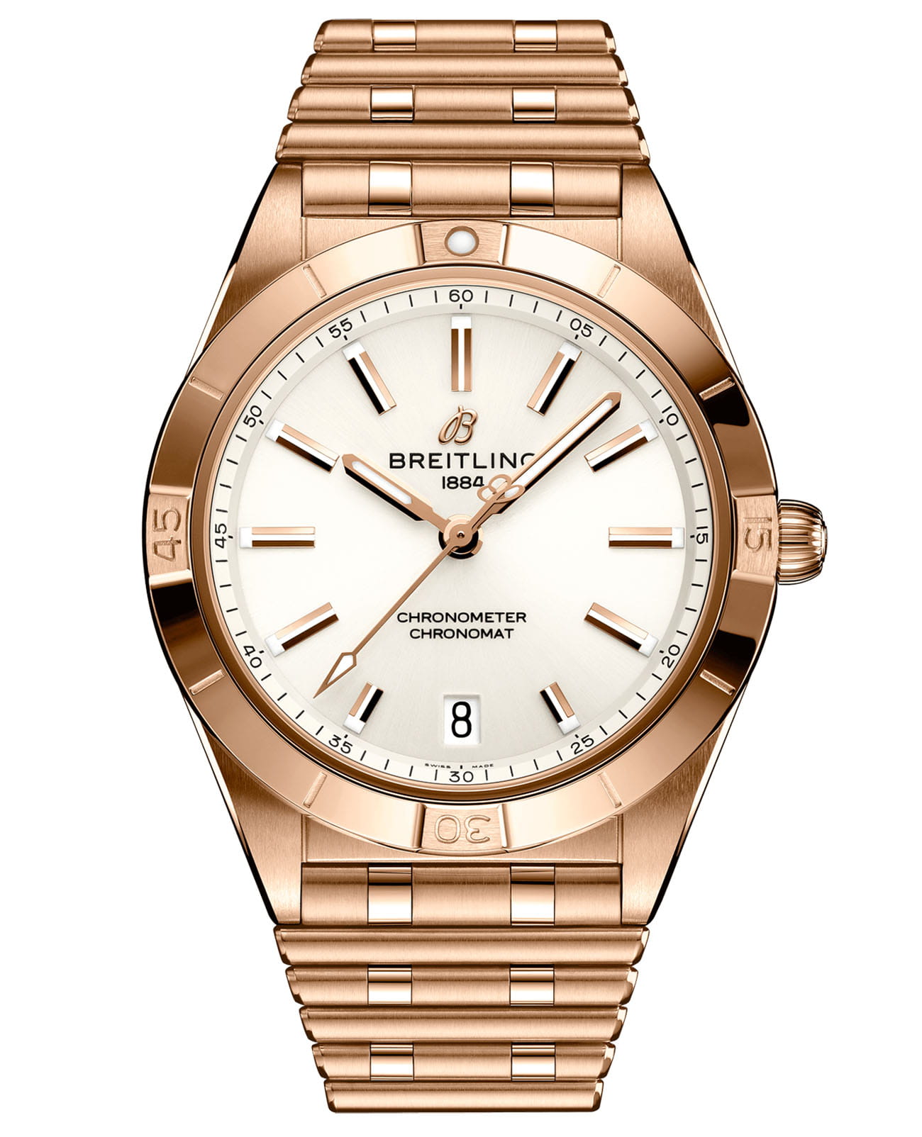 Breitling Breitling Chronomat Automatic 36 R10380101A1R1  R10380101A1R1 механические женские часы белый циферблат, браслет 18-каратное красное золото — вид спереди