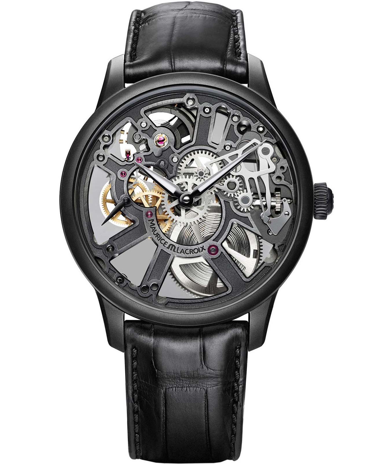 Maurice Lacroix Maurice Lacroix Masterpiece Skeleton MP7228-PVB01-005-1  MP7228-PVB01-005-1 механические мужские часы черный циферблат, браслет кожаный — вид спереди