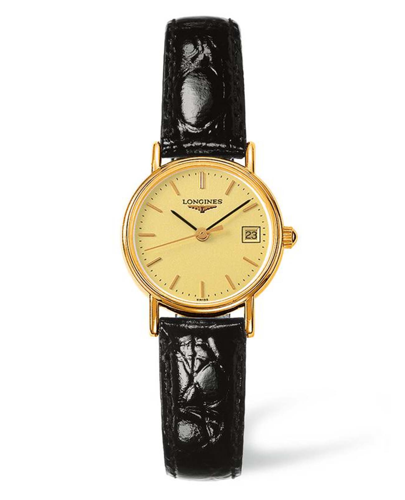 Longines Longines Presence L4.220.2.32.2  L42202322 кварцевые женские часы золотой циферблат, браслет кожаный — вид спереди