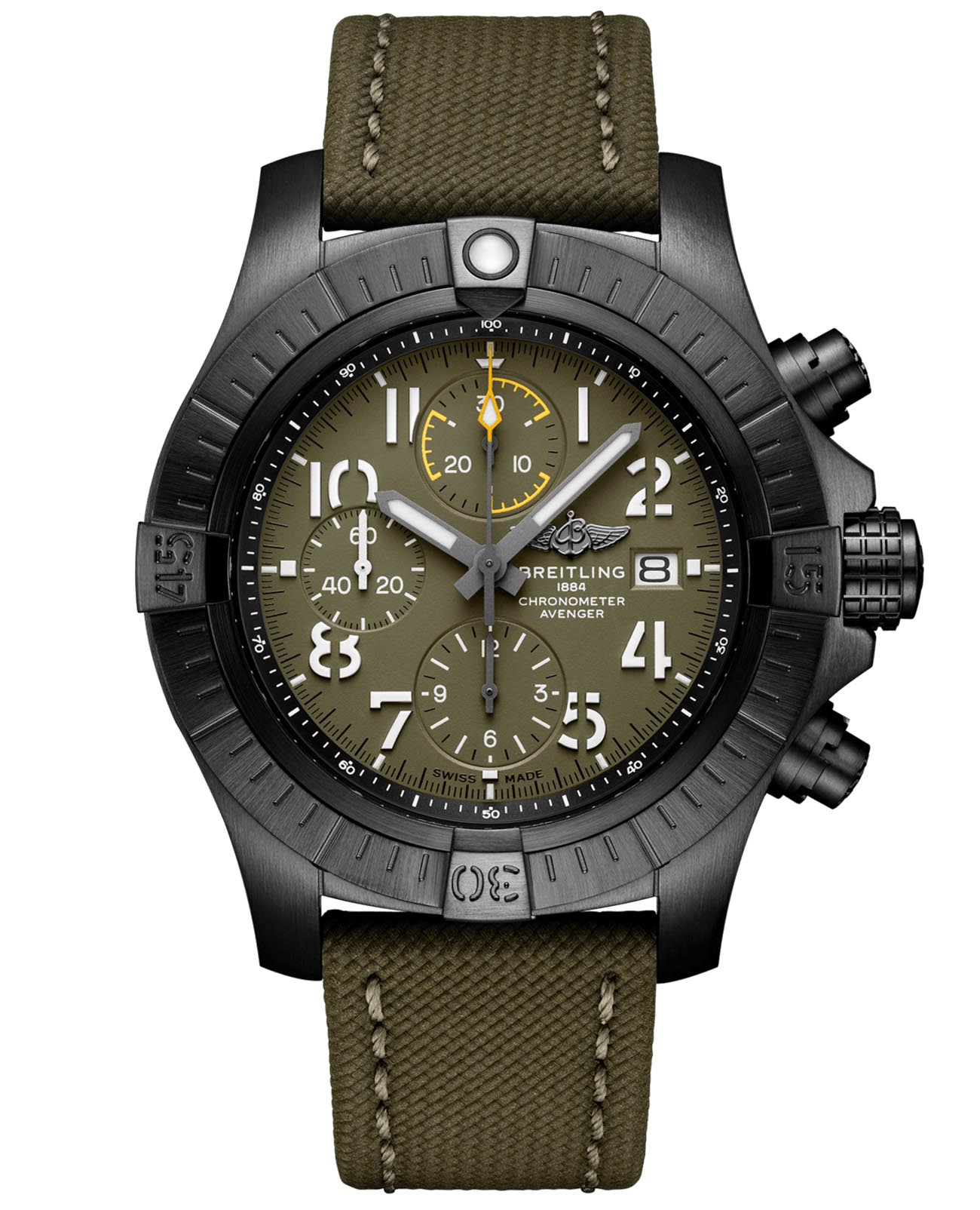 Breitling Breitling Avenger Chronograph 45 Night Mission V13317101L1X2  V13317101L1X2 механические мужские часы зеленый циферблат, браслет кожаный — вид спереди