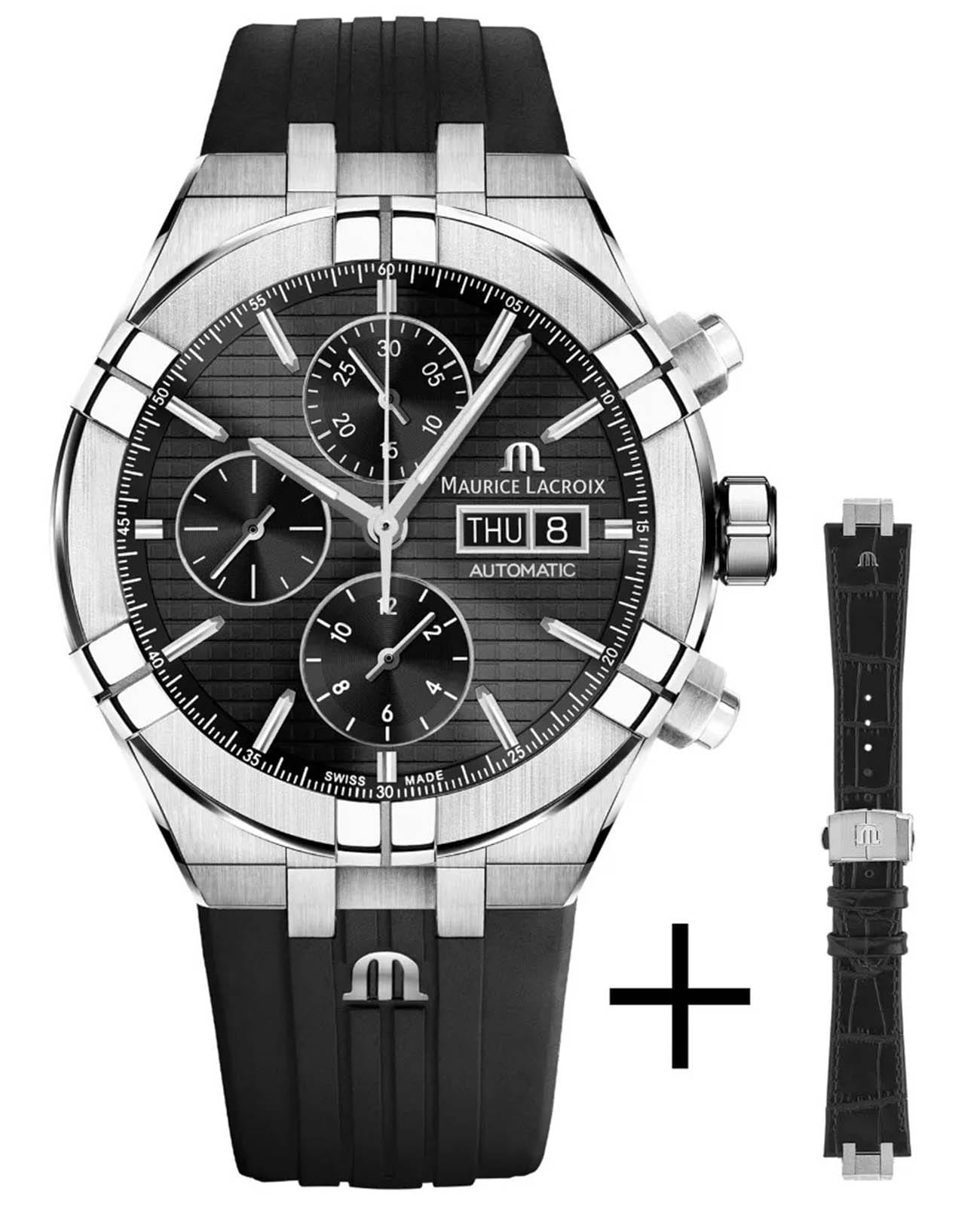 Maurice Lacroix Maurice Lacroix Aikon Automatic Chronograph AI6038-SS00B-330-2  AI6038-SS00B-330-2 механические мужские часы черный циферблат, браслет каучук — вид спереди