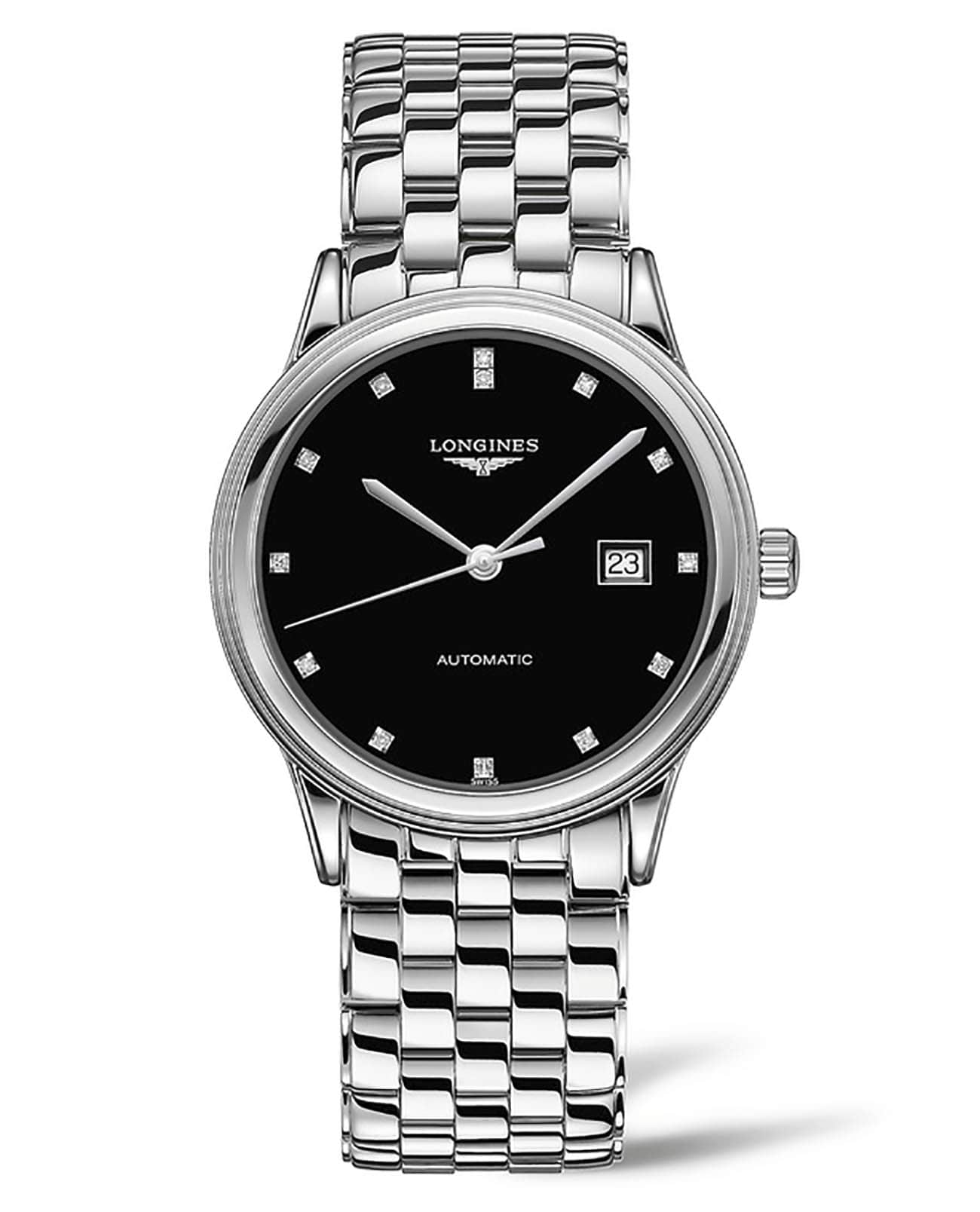Longines Longines Flagship L4.984.4.57.6  L49844576 механические мужские часы черный циферблат, браслет нержавеющая сталь — вид спереди