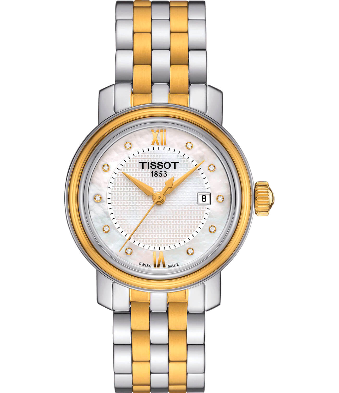 Tissot Tissot Bridgeport Lady T097.010.22.116.00 Bridgeport T0970102211600 кварцевые женские часы белый циферблат, браслет сталь c pvd покрытием — вид спереди