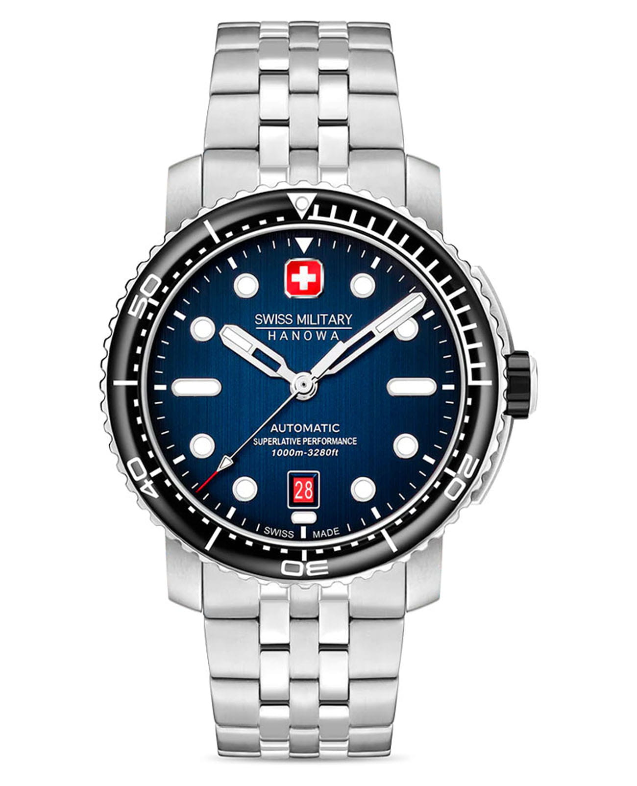 Swiss Military Hanowa Swiss Military Hanowa Maitre Plongeur SMWGL0002002-SET  SMWGL0002002-SET механические мужские часы синий циферблат, браслет нержавеющая сталь — вид спереди