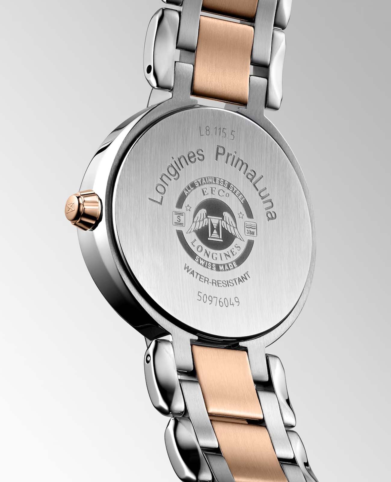 Longines Longines PrimaLuna L8.115.5.61.7, primaluna швейцария женские часы на браслете нержавеющая сталь и 18 каратное розовое золото боковой вид