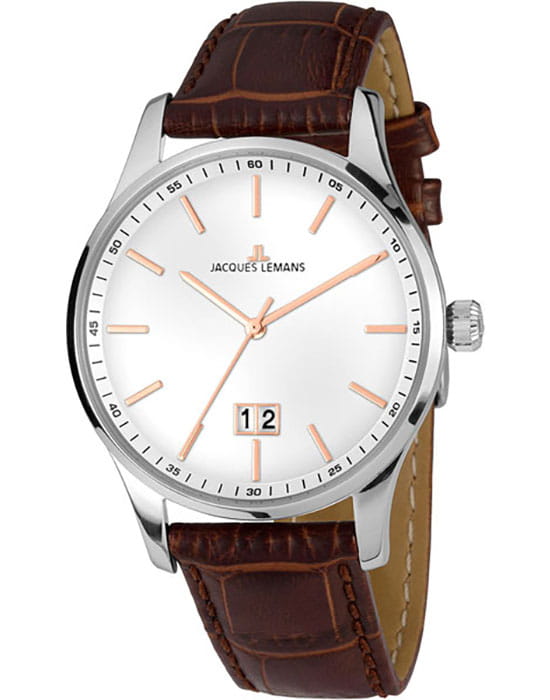 Jacques Lemans Jacques Lemans 1-1862Q  1-1862Q кварцевые мужские часы белый циферблат, браслет кожаный — вид спереди