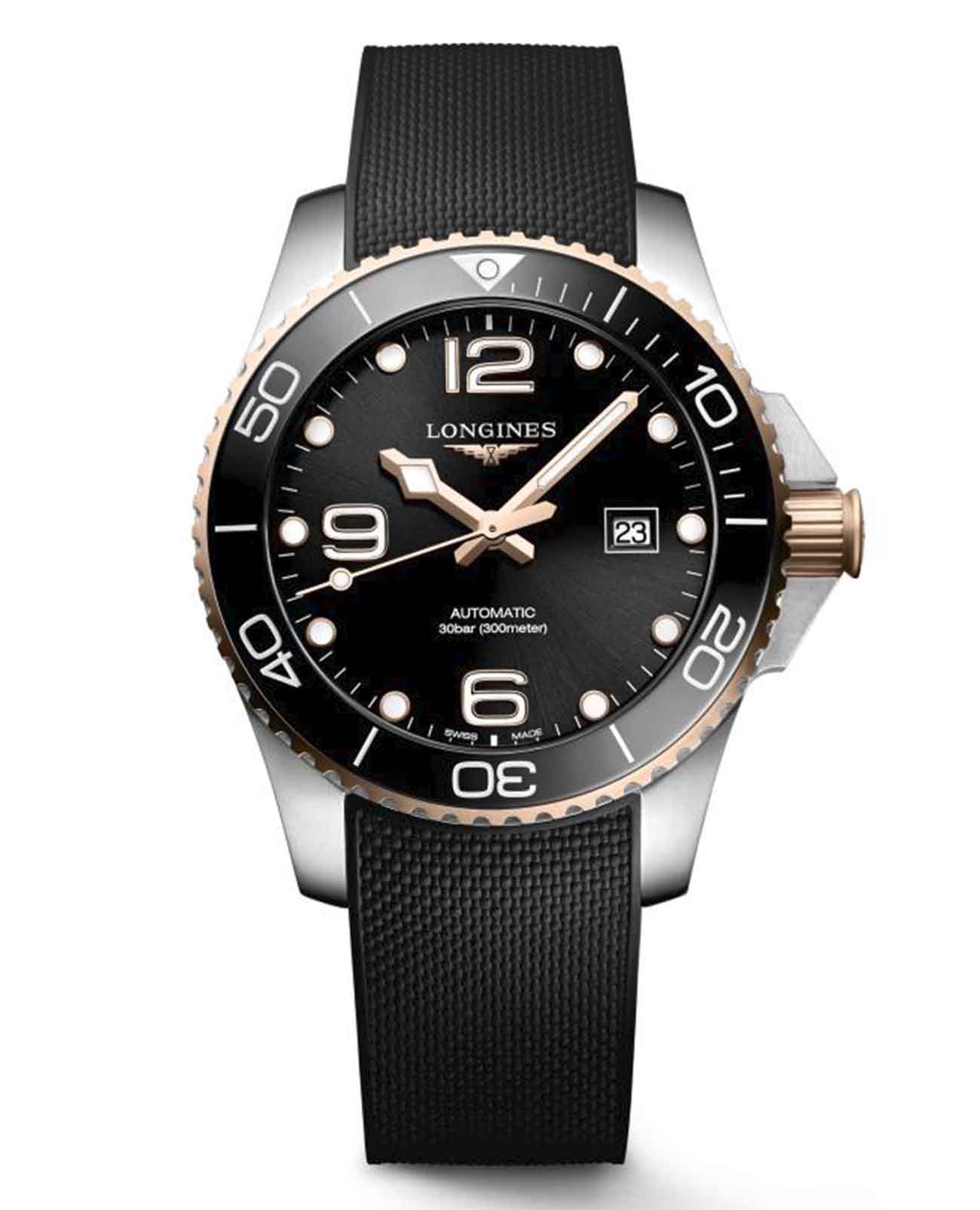 Longines Longines HydroConquest L3.782.3.58.9  L37823589 механические мужские часы черный циферблат, браслет каучук — вид спереди