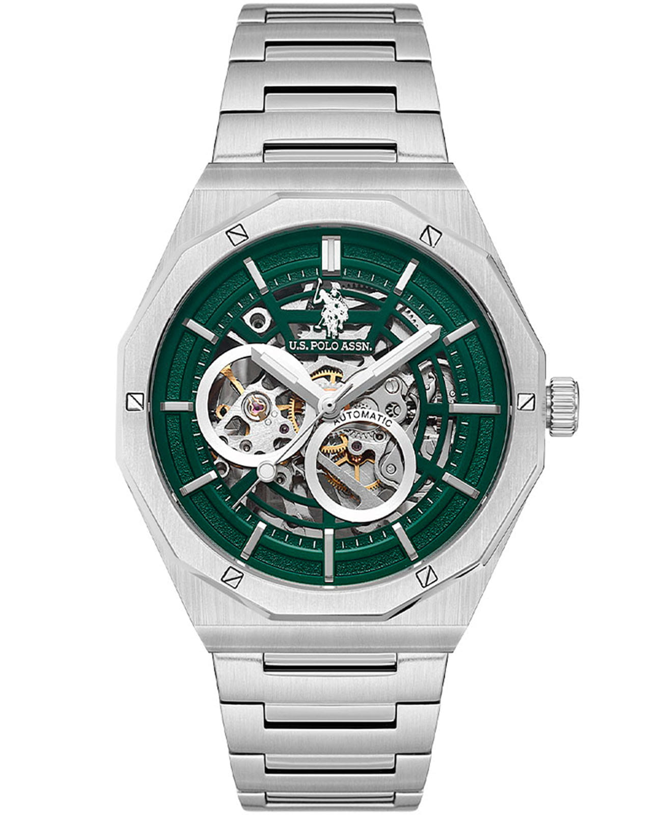 U.S. Polo Assn. U.S. Polo Assn. USPA1085-03  USPA1085-03 кварцевые мужские часы зеленый циферблат, браслет нержавеющая сталь — вид спереди