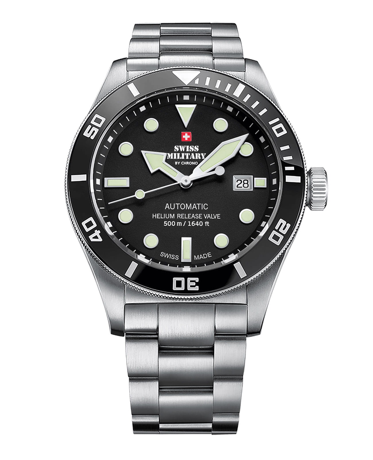 Swiss Military by Chrono Swiss Military by Chrono Diver SMA34075.01  SMA34075.01 механические мужские часы черный циферблат, браслет нержавеющая сталь — вид спереди