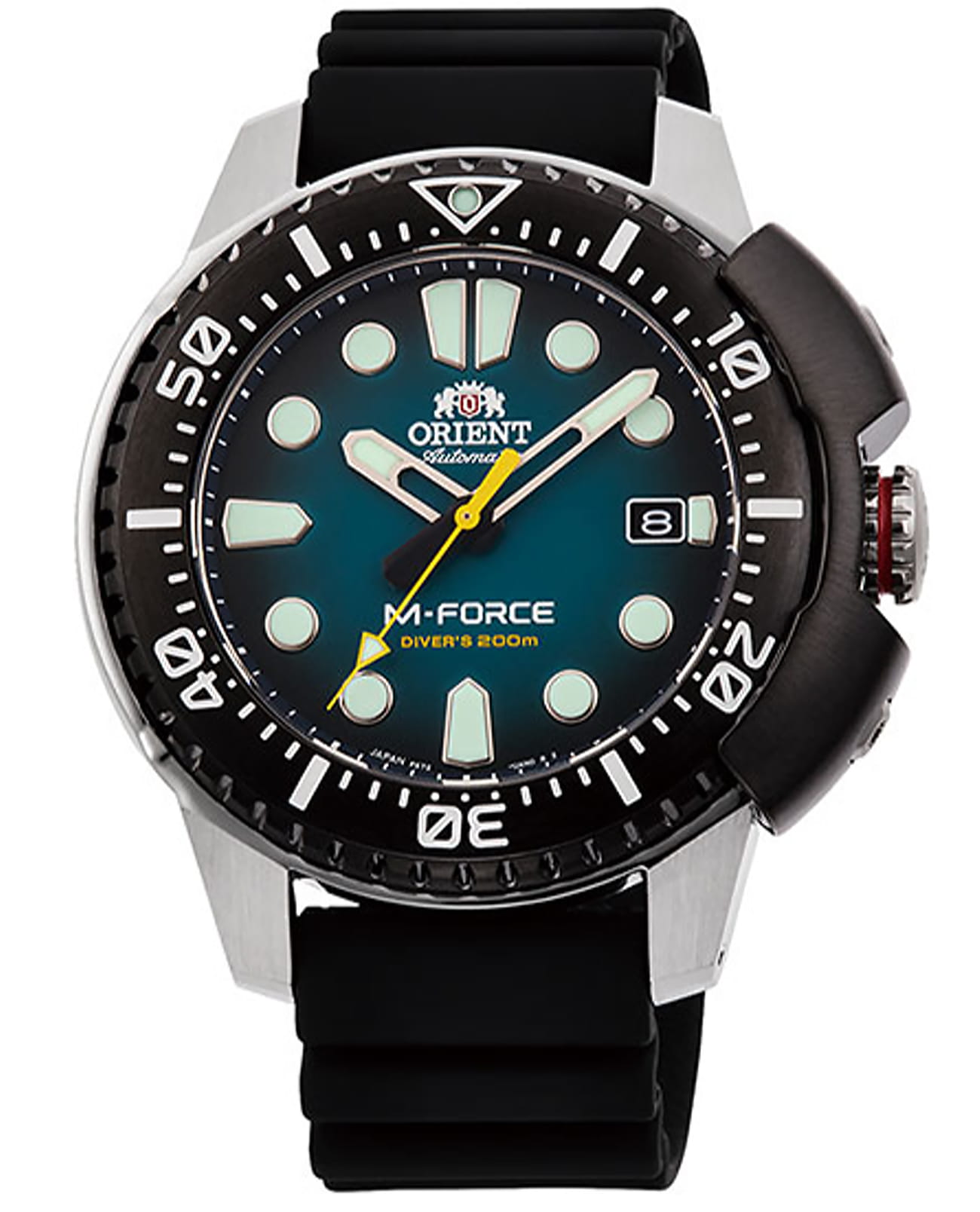 Orient Orient M-Force RA-AC0L04L (RN-AC0L04L)  RA-AC0L04L механические мужские часы голубой циферблат, браслет сталь c pvd покрытием — вид спереди