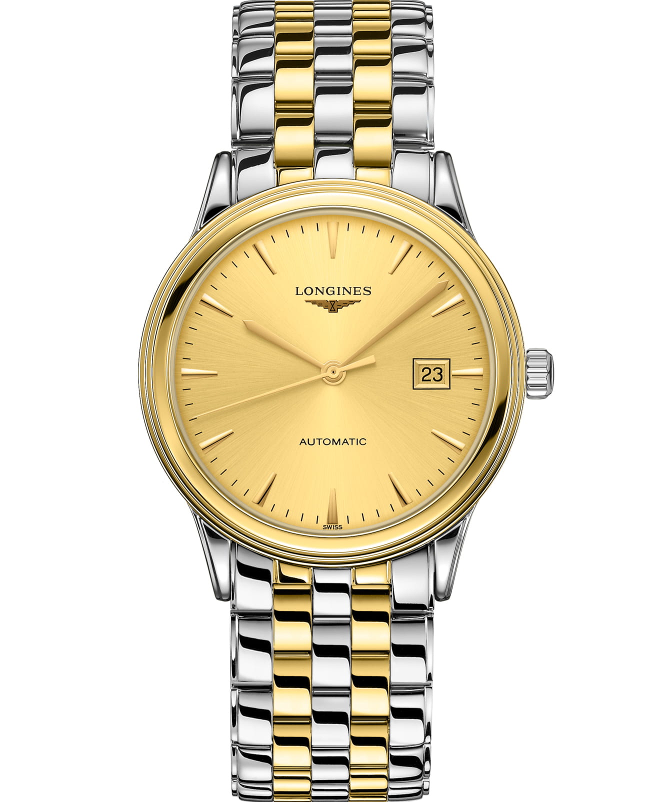 Longines Longines Flagship L4.984.3.32.7  L49843327 механические мужские часы золотой циферблат, браслет сталь c pvd покрытием — вид спереди