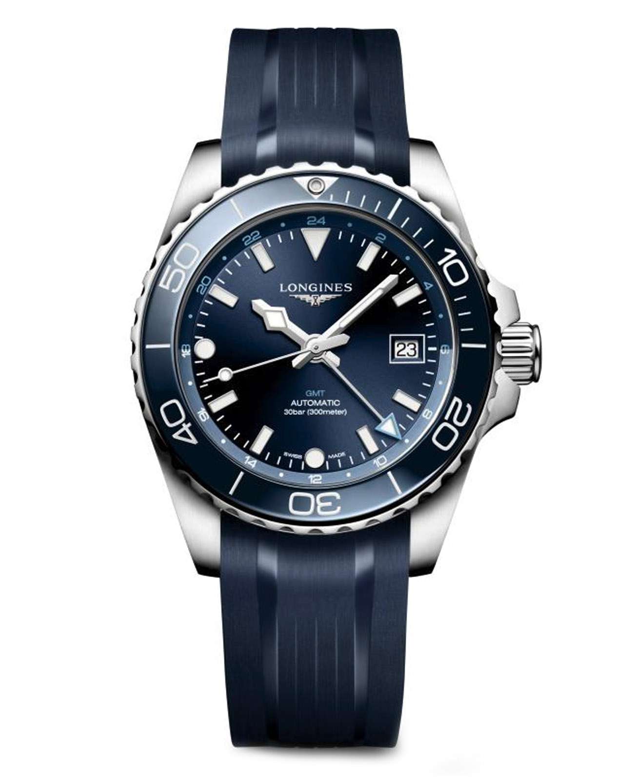 Longines Longines HydroConquest L3.790.4.96.9  L37904969 механические мужские часы синий циферблат, браслет каучук — вид спереди