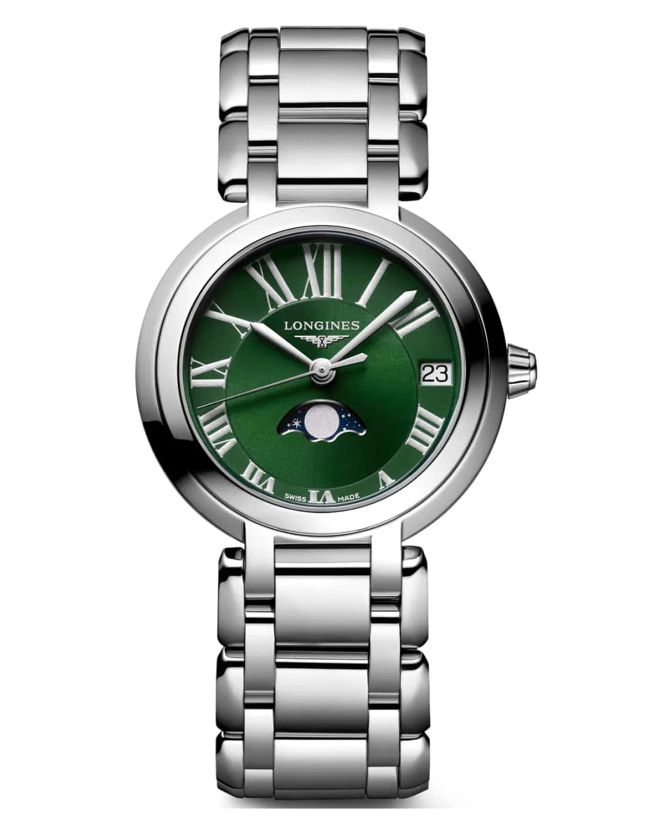 Longines Longines PrimaLuna L8.115.4.61.6  L81154616 кварцевые женские часы зеленый циферблат, браслет нержавеющая сталь — вид спереди