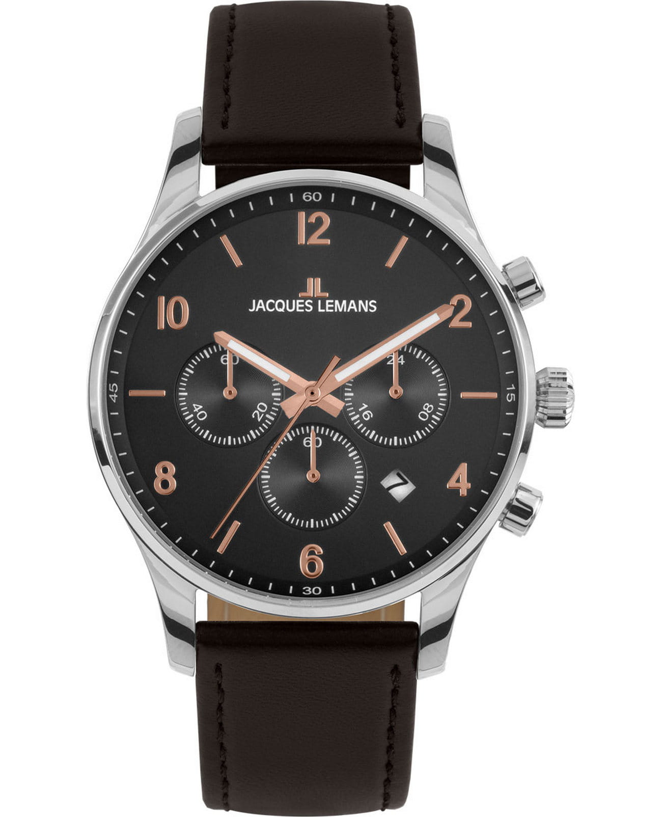 Jacques Lemans Jacques Lemans Classic 1-2126F  1-2126F кварцевые мужские часы черный циферблат, браслет кожаный — вид спереди