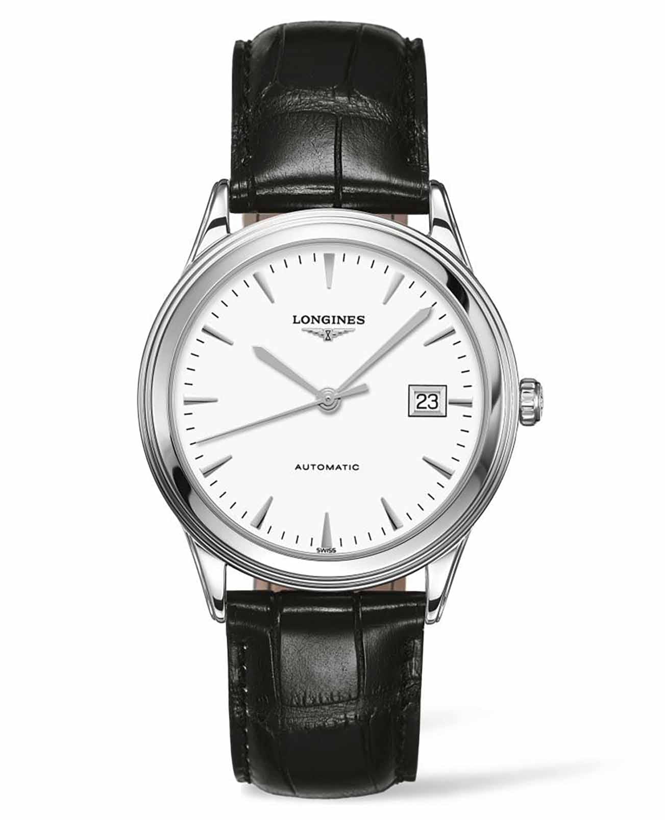 Longines Longines Flagship L4.974.4.12.2  L49744122 механические мужские часы белый циферблат, браслет кожаный — вид спереди