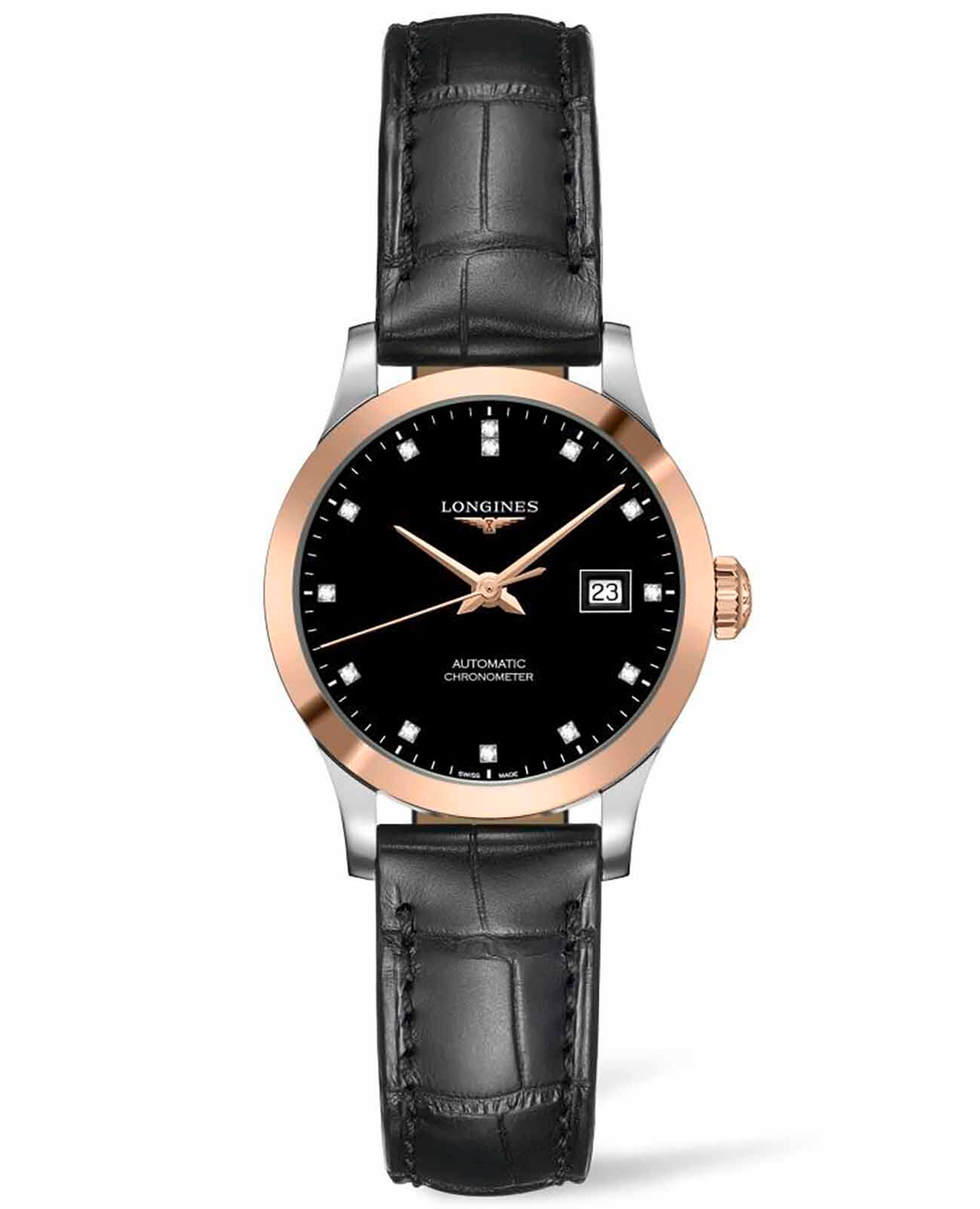Longines Longines Record Collection L2.321.5.57.2  L23215572 механические женские часы черный циферблат, браслет кожаный — вид спереди