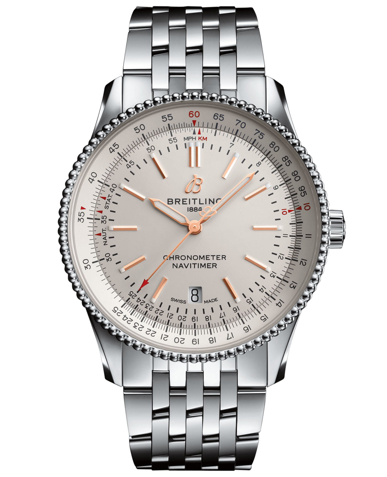 Breitling Breitling Navitimer Automatic 41 A17326211G1A1  A17326211G1A1 механические мужские часы серебристый циферблат, браслет нержавеющая сталь — вид спереди