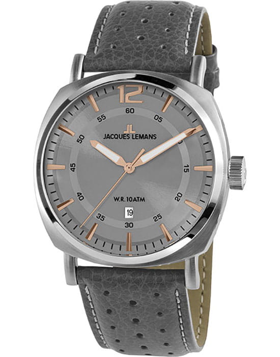 Jacques Lemans Jacques Lemans 1-1943E  1-1943E кварцевые мужские часы серый циферблат, браслет кожаный — вид спереди