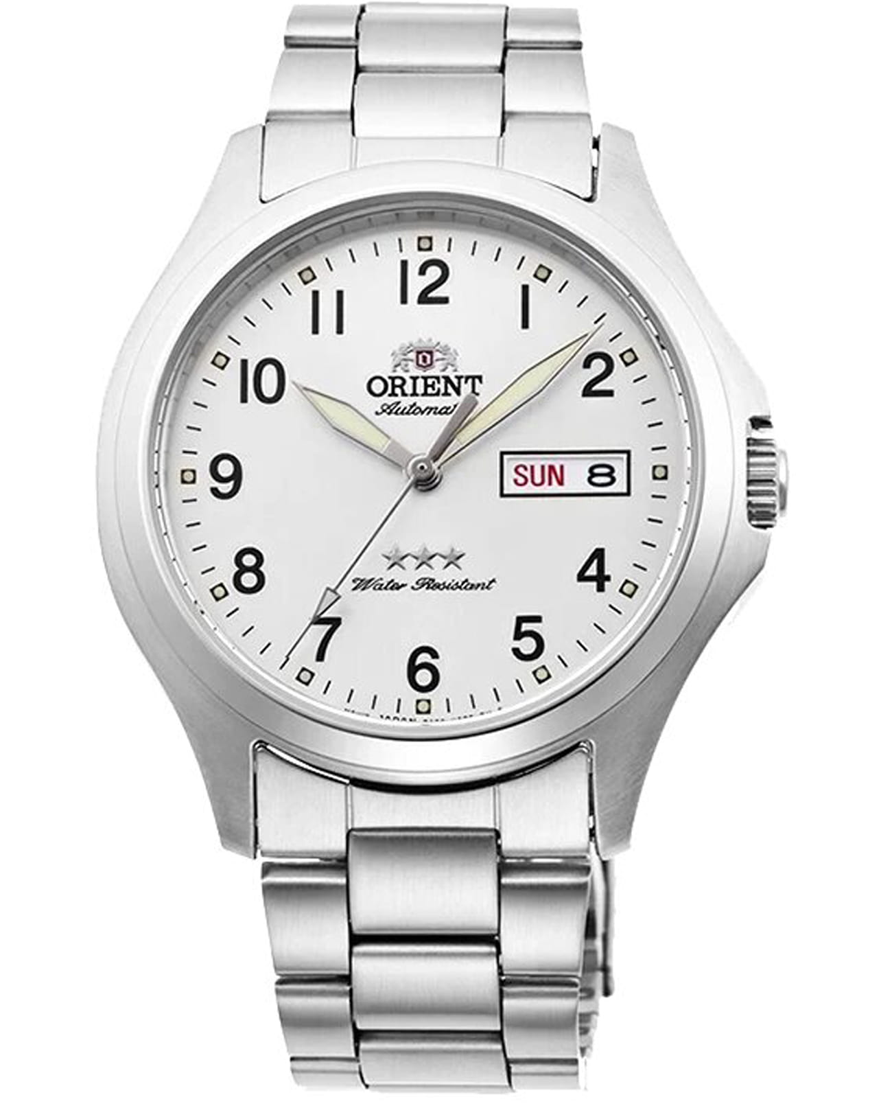Orient Orient 3 Stars RA-AB0F15S (RN-AB0F15S)  RA-AB0F15S механические мужские часы белый циферблат, браслет нержавеющая сталь — вид спереди