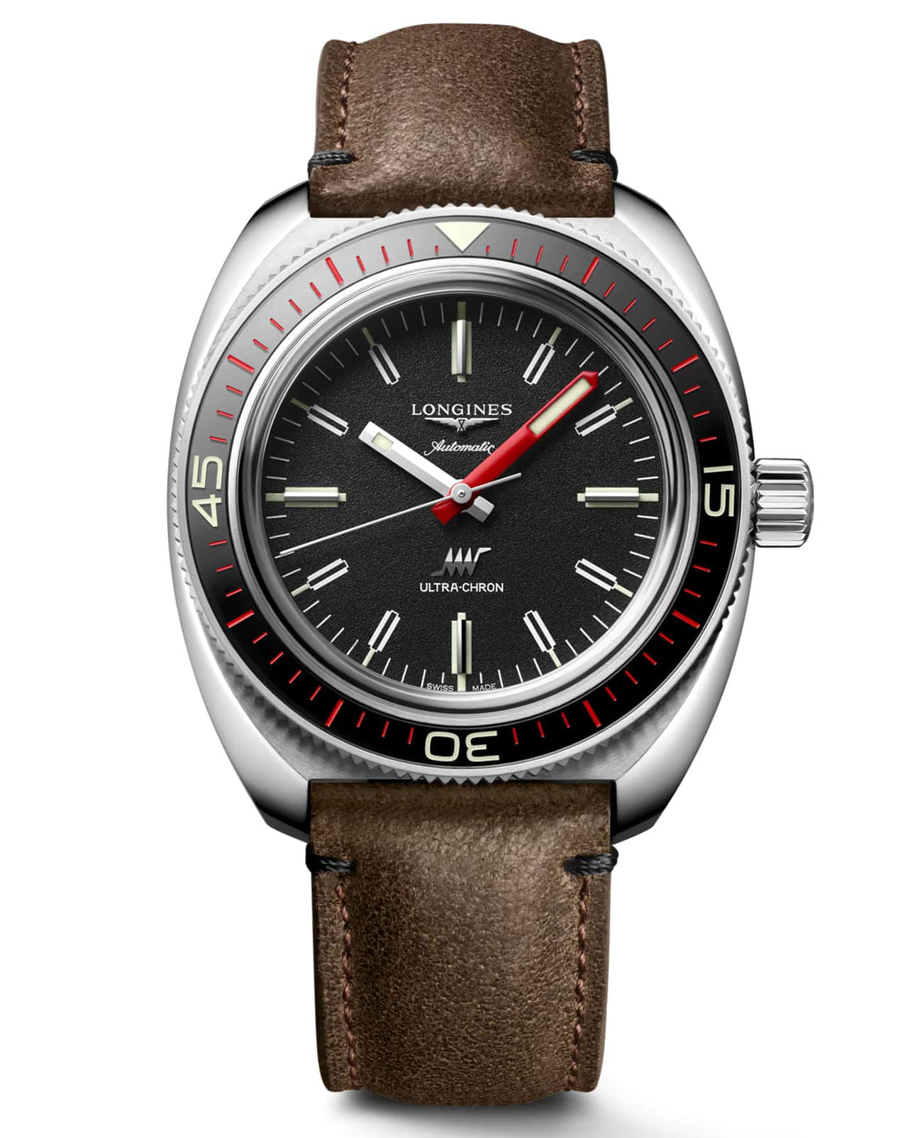 Longines Longines Ultra‑Chron L2.836.4.52.2 Ultra-Chron L28364522 механические мужские часы черный циферблат, браслет кожаный — вид спереди