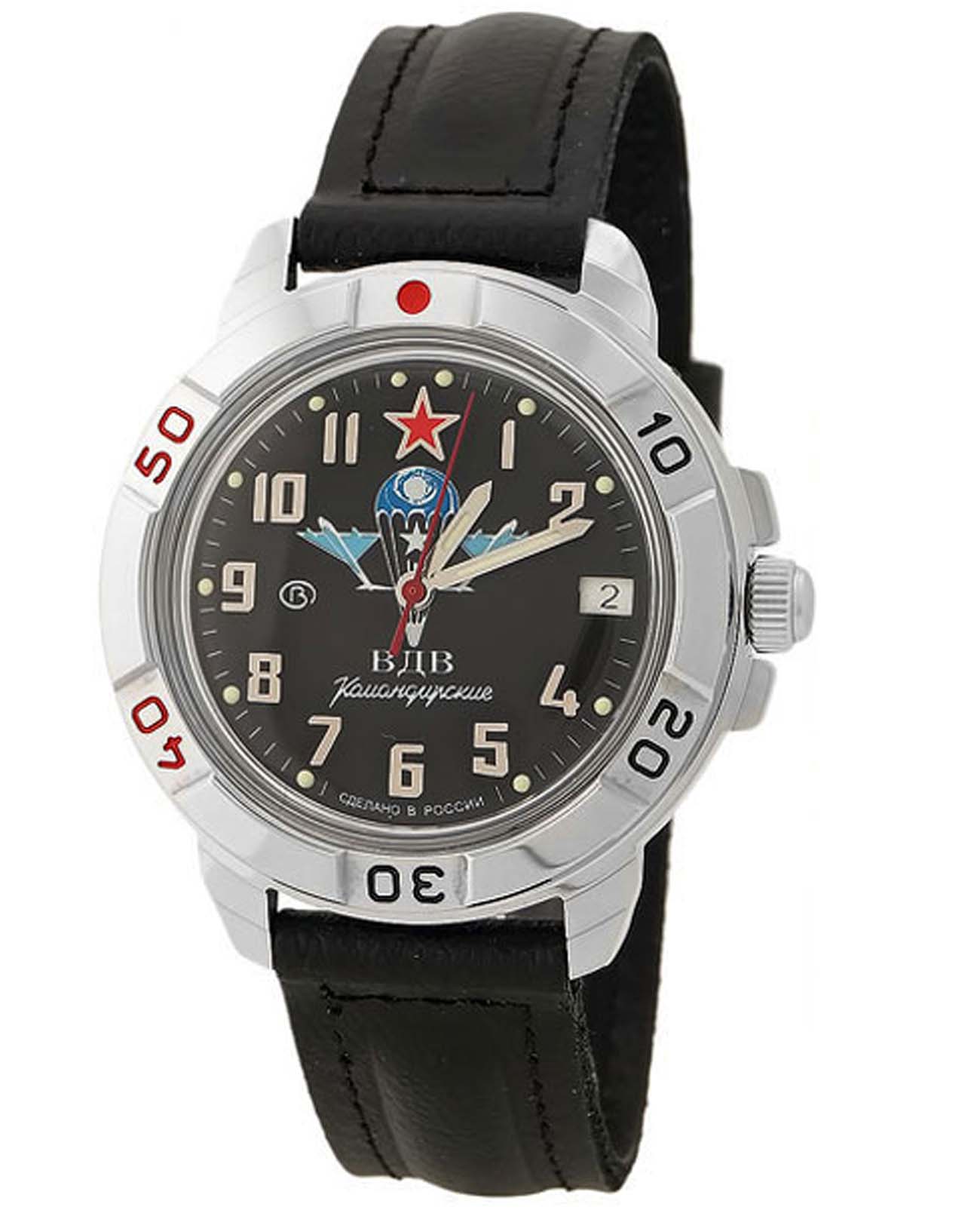 Восток Восток командирские 431288  431288 механические мужские часы черный циферблат, браслет кожа + текстиль — вид спереди