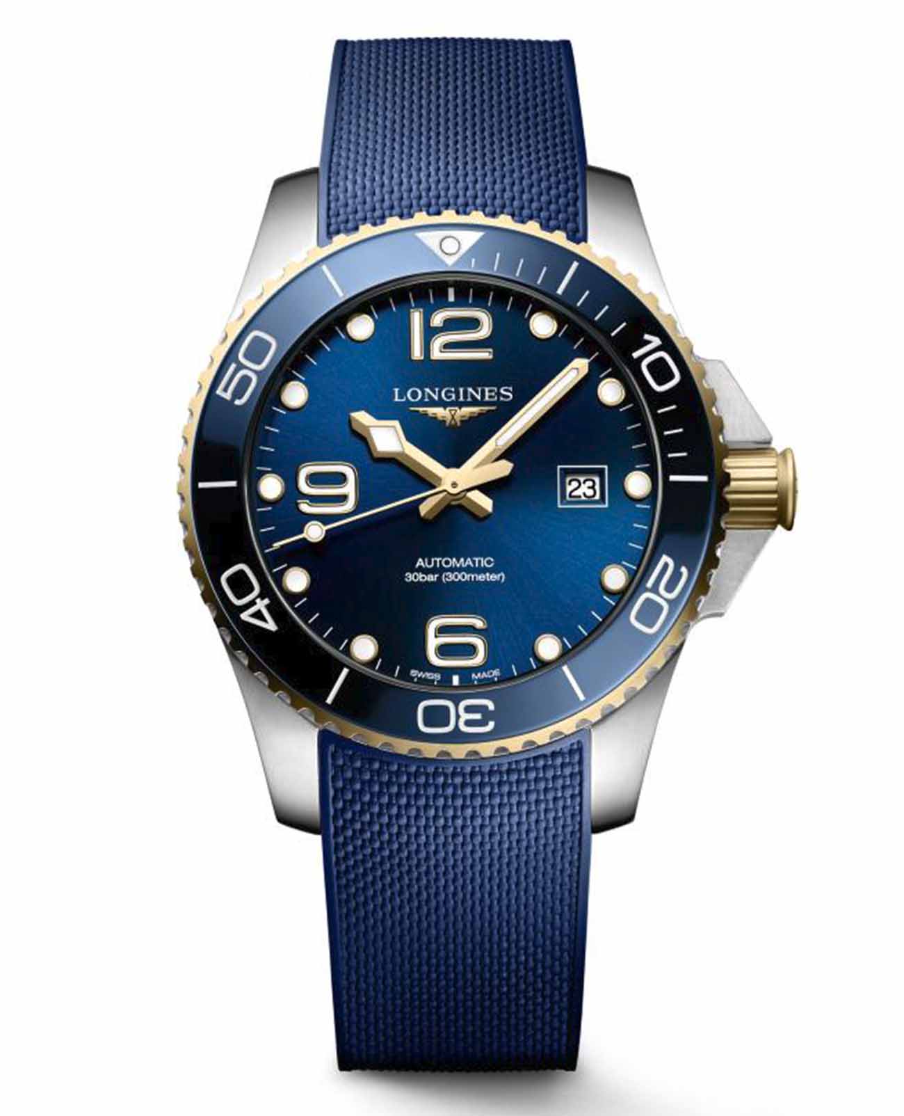 Longines Longines HydroConquest L3.782.3.96.9   L37823969 механические мужские часы синий циферблат, браслет каучук — вид спереди