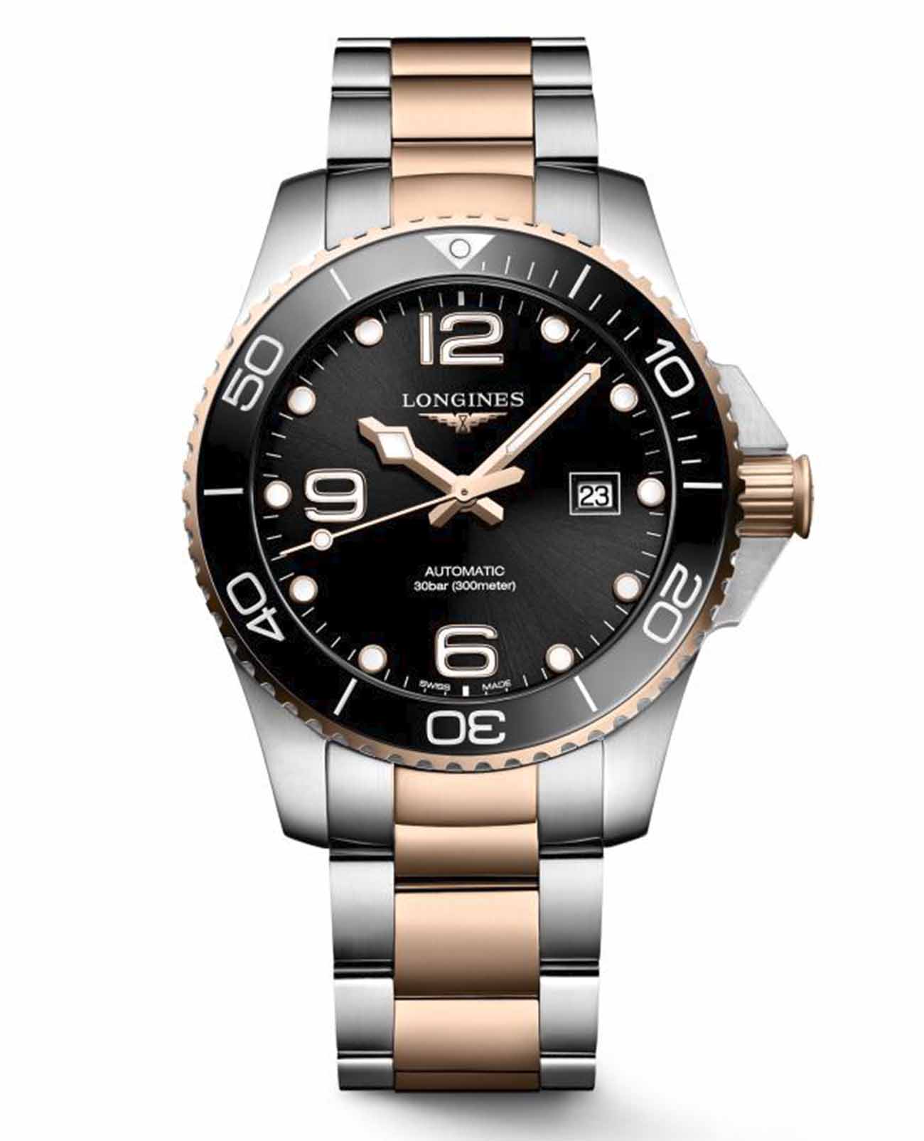 Longines Longines HydroConquest L3.782.3.58.7  L37823587 механические мужские часы черный циферблат, браслет нержавеющая сталь с pvd-покрытием — вид спереди