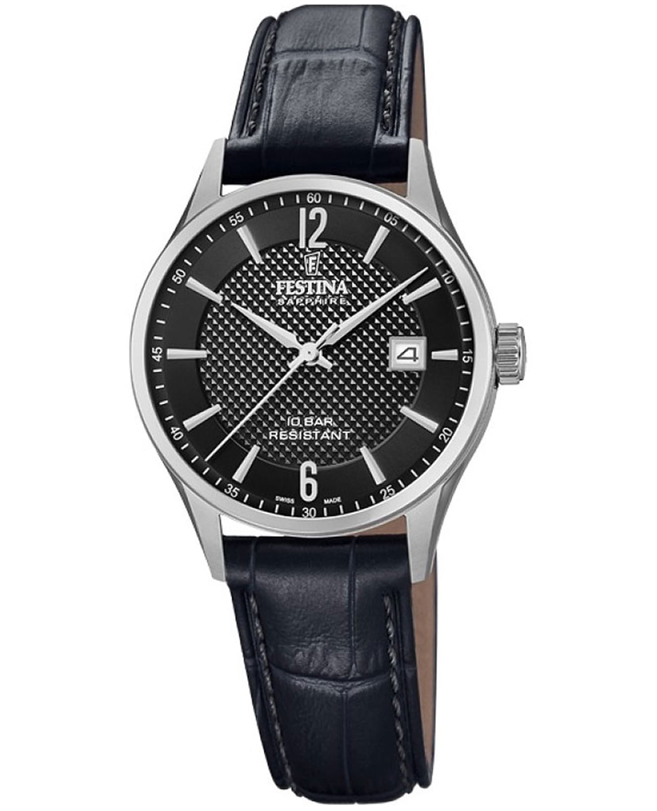 Festina Festina Classics F20009/4  F20009/4 кварцевые женские часы черный циферблат, браслет кожаный — вид спереди
