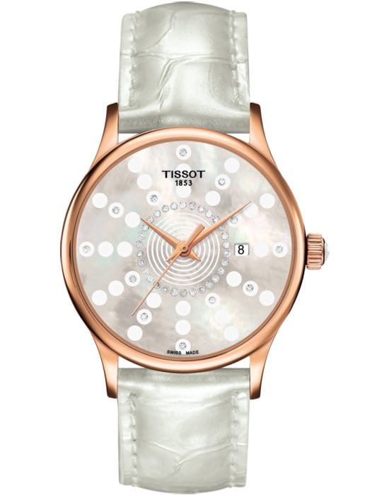 Tissot Tissot Rose Dream Lady 18K Gold T914.210.76.116.01  T9142107611601 кварцевые женские часы перламутровый циферблат, браслет кожаный — вид спереди