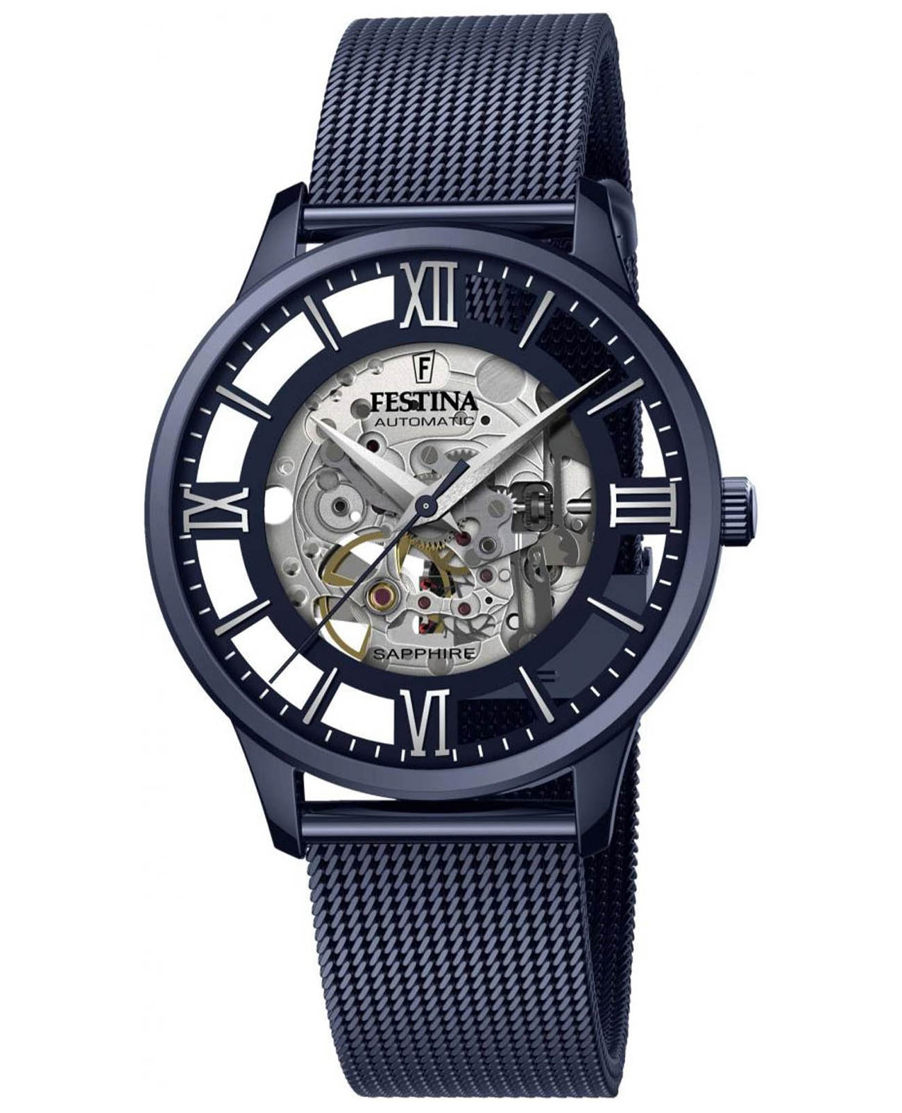 Festina Festina Automatic F20574/1  F20574/1 механические мужские часы синий циферблат, браслет сталь c pvd покрытием — вид спереди