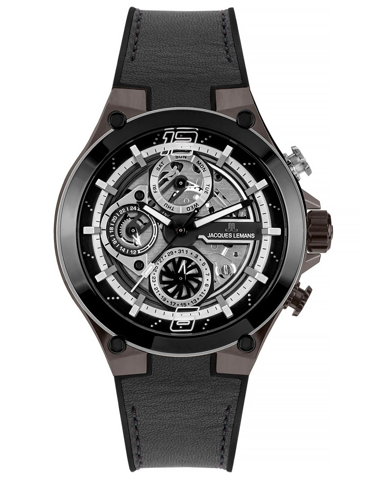 Jacques Lemans Jacques Lemans Sport 1-2150A  1-2150A кварцевые мужские часы черный циферблат, браслет кожаный — вид спереди