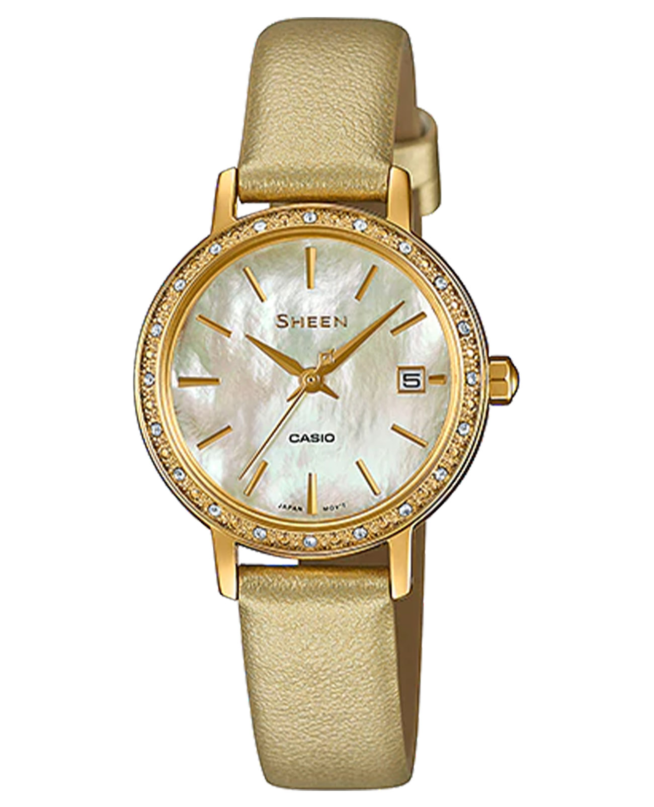 Casio Casio Sheen SHE-4060GL-9A  SHE-4060GL-9A кварцевые женские часы перламутровый циферблат, браслет кожаный — вид спереди