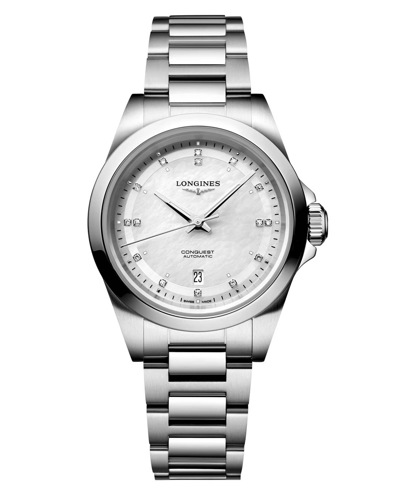 Longines Longines Conquest L3.320.4.87.6  L33204876 механические мужские часы перламутровый циферблат, браслет нержавеющая сталь 316l — вид спереди